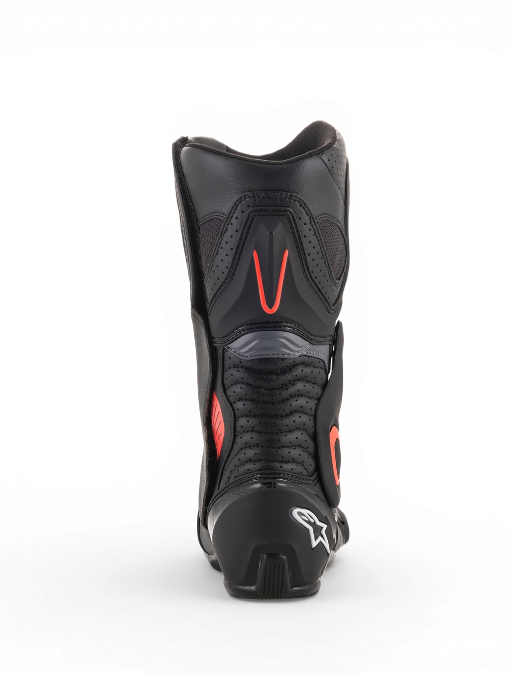 Alpinestars SMX-6 V2 Vented Motorradstiefel für Herren, Schwarz und Grau mit fluoreszierend roten Akzenten, Rückansicht mit perforierten Belüftungseinsätzen und Fersenschutz