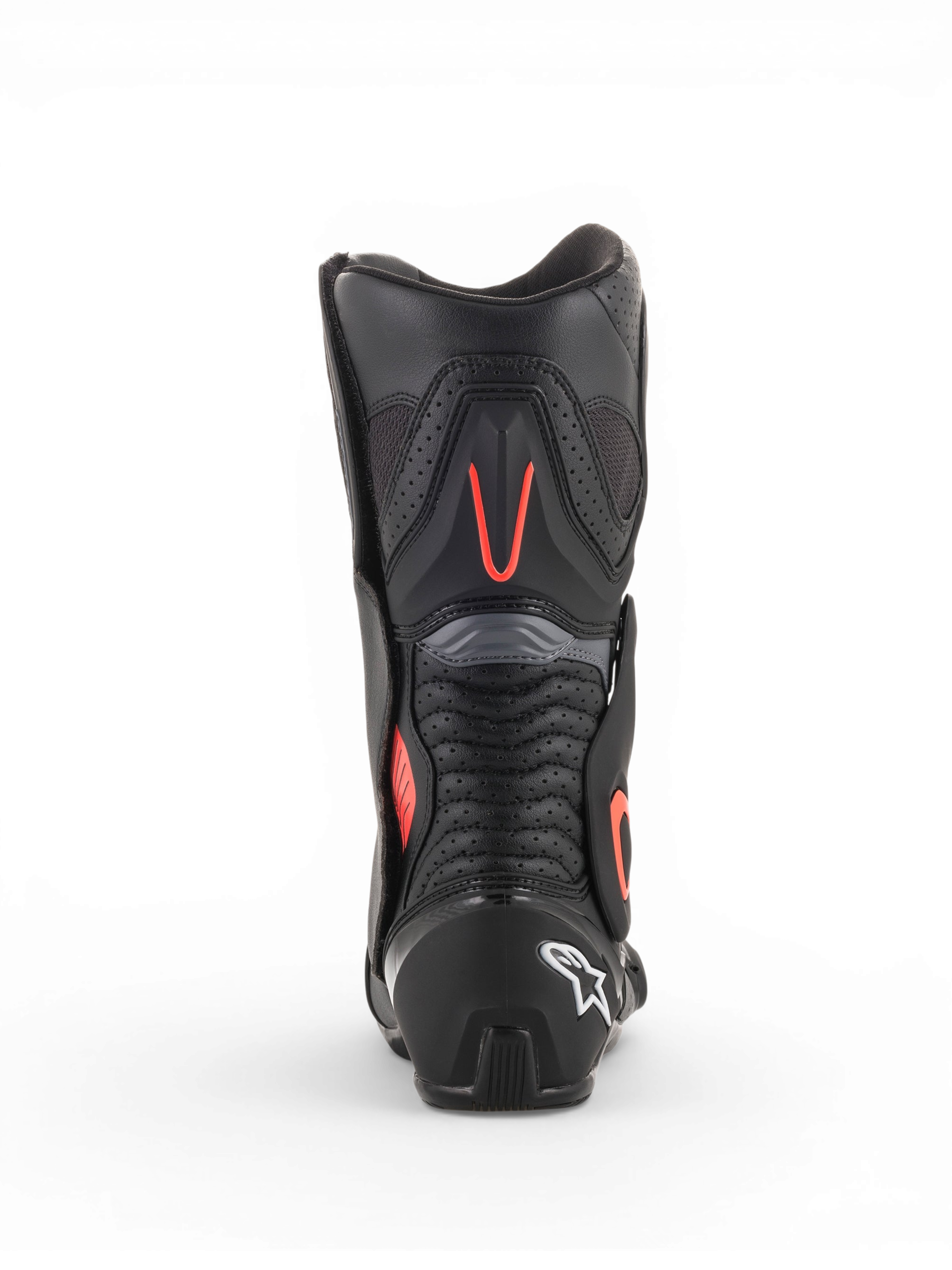 Alpinestars SMX-6 V2 Vented Motorradstiefel für Herren, Schwarz und Grau mit fluoreszierend roten Akzenten, Rückansicht mit perforierten Belüftungseinsätzen und Fersenschutz