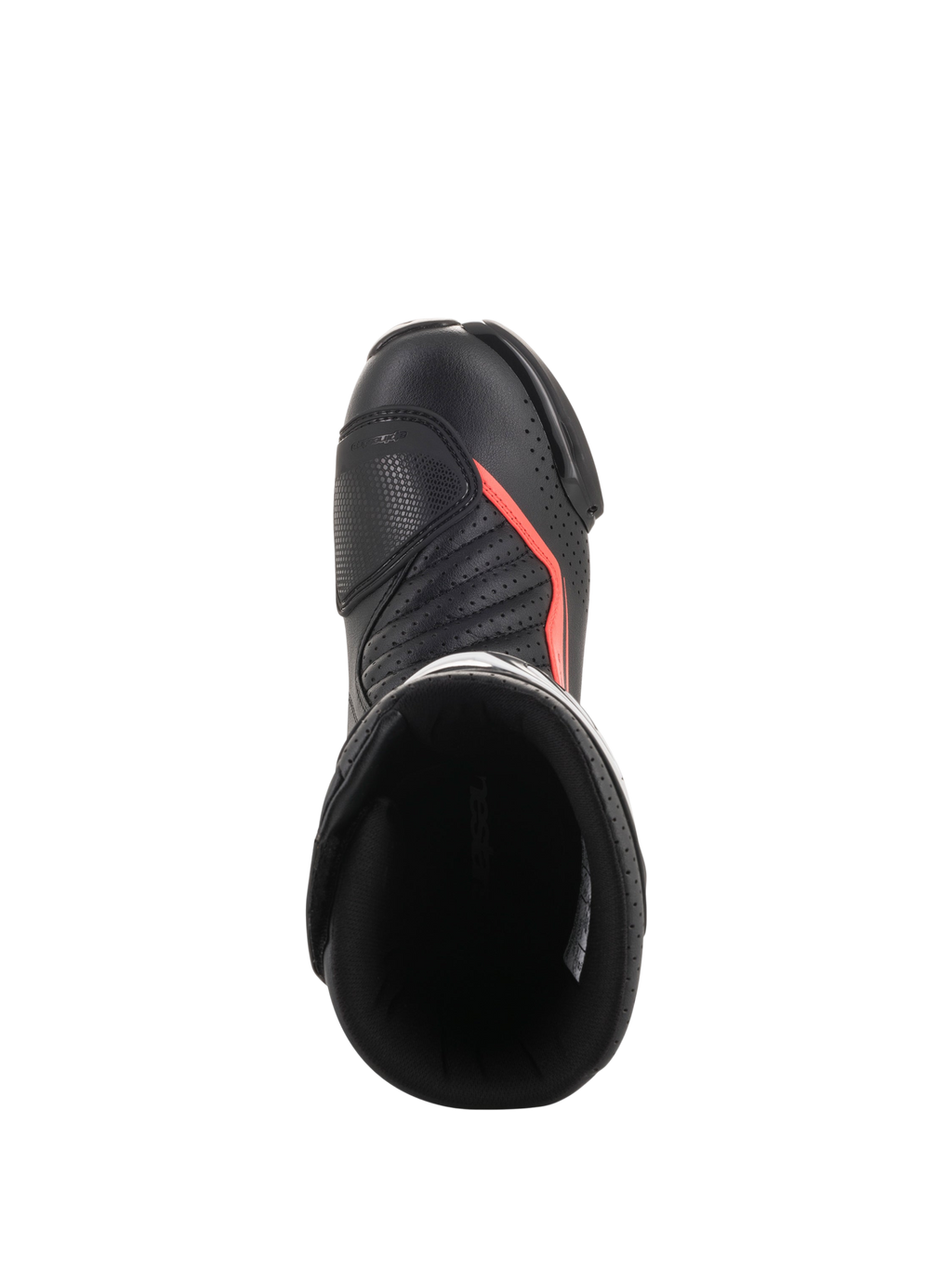 Alpinestars SMX-6 V2 Vented Stiefel, schwarzer Motorradrennstiefel mit fluoreszierenden roten Akzenten, Draufsicht mit perforiertem Obermaterial, Knöchelschutz und Stiefelöffnung