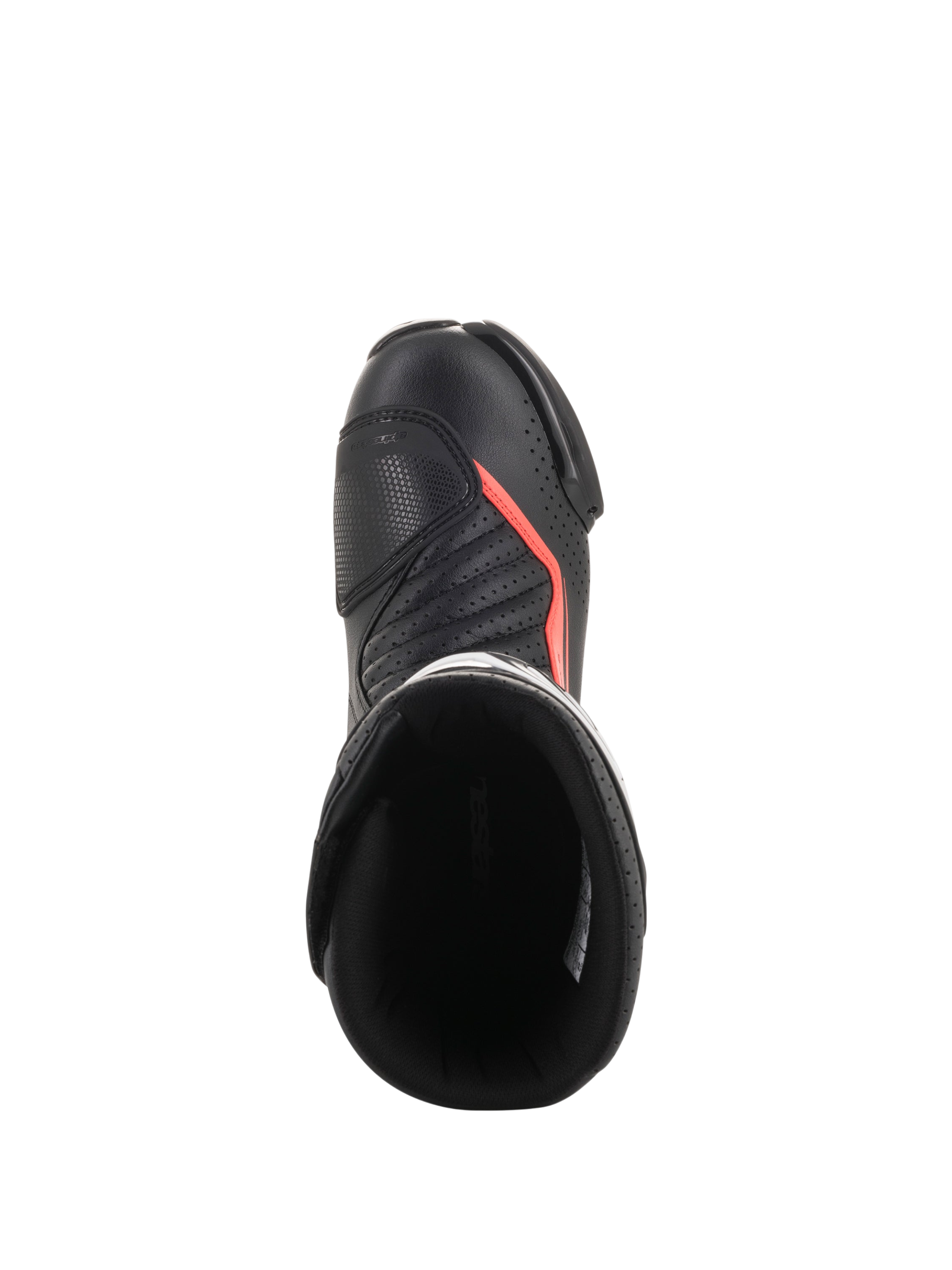 Alpinestars SMX-6 V2 Vented Stiefel, schwarzer Motorradrennstiefel mit fluoreszierenden roten Akzenten, Draufsicht mit perforiertem Obermaterial, Knöchelschutz und Stiefelöffnung
