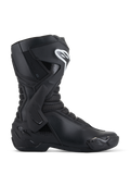 Alpinestars SMX-6 V3 Boots, Black Motorcycle Racing Boots, side profile view, microfiber upper with TPU lateral ankle brace and shin protection, white Alpinestars logo on shin, replaceable toe slider, performance sport riding footwear