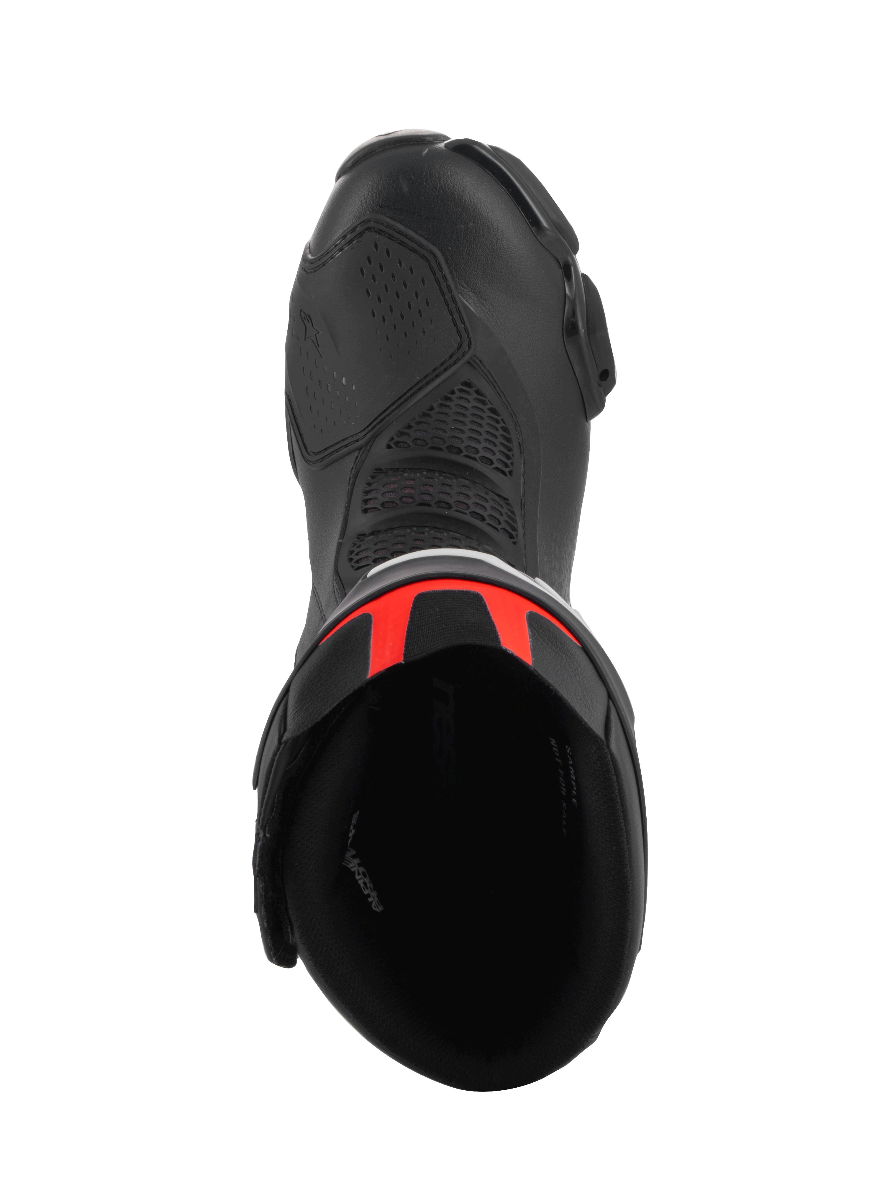 Alpinestars SMX-6 V3 Boots, Performance Riding Boots, Black and Red Fluo, top-down view looking into the boot opening, featuring black microfiber construction with bright red accents on the rear cuff, designed for track and street performance
