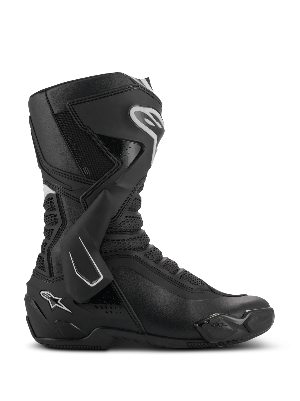 Alpinestars SMX-6 V3 Stiefel, Performance-Motorradstiefel, Schwarz mit weißen Akzenten, seitliche Profilansicht mit TPU-Knöchelschutzsystem, strukturierten Mesh-Flexzonen und verstärkten Fersen- und Zehenkomponenten für Rennstrecke und Straße.