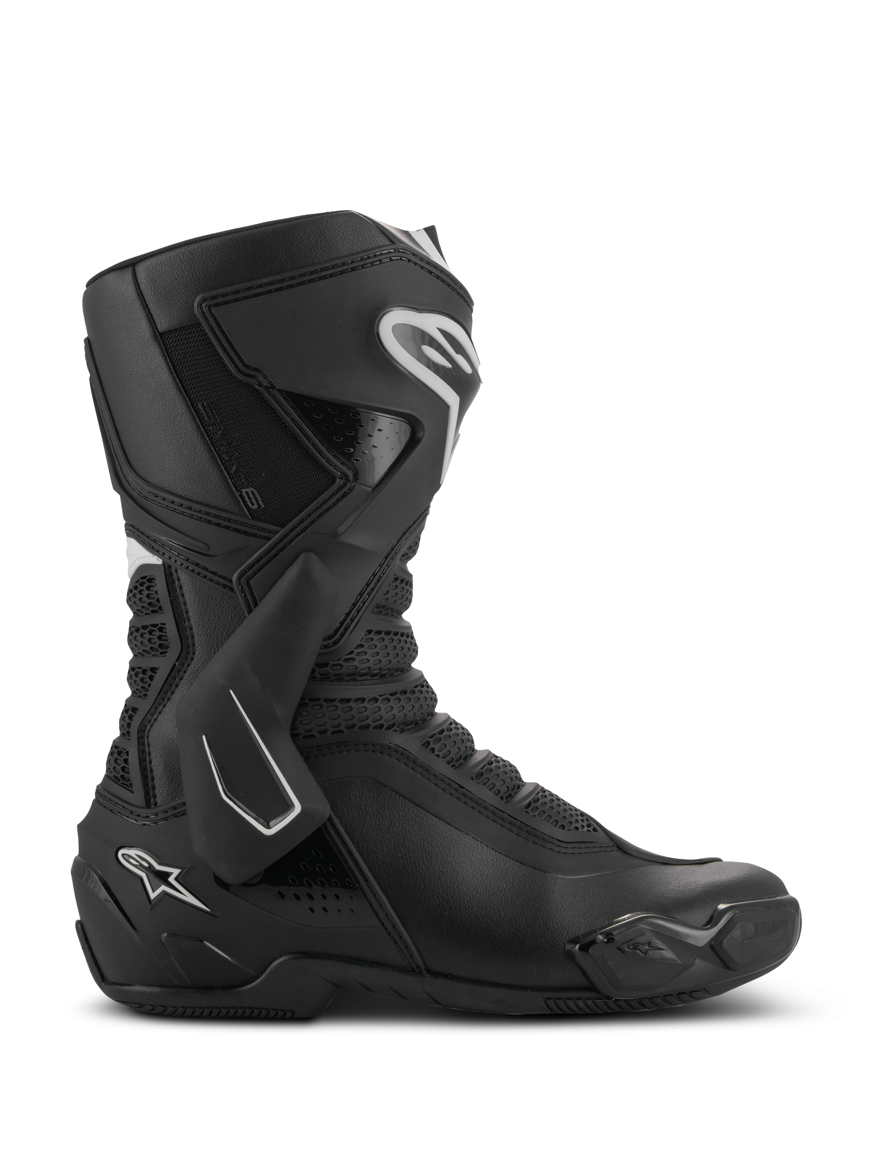 Alpinestars SMX-6 V3 Stiefel, Performance-Motorradstiefel, Schwarz mit weißen Akzenten, seitliche Profilansicht mit TPU-Knöchelschutzsystem, strukturierten Mesh-Flexzonen und verstärkten Fersen- und Zehenkomponenten für Rennstrecke und Straße.