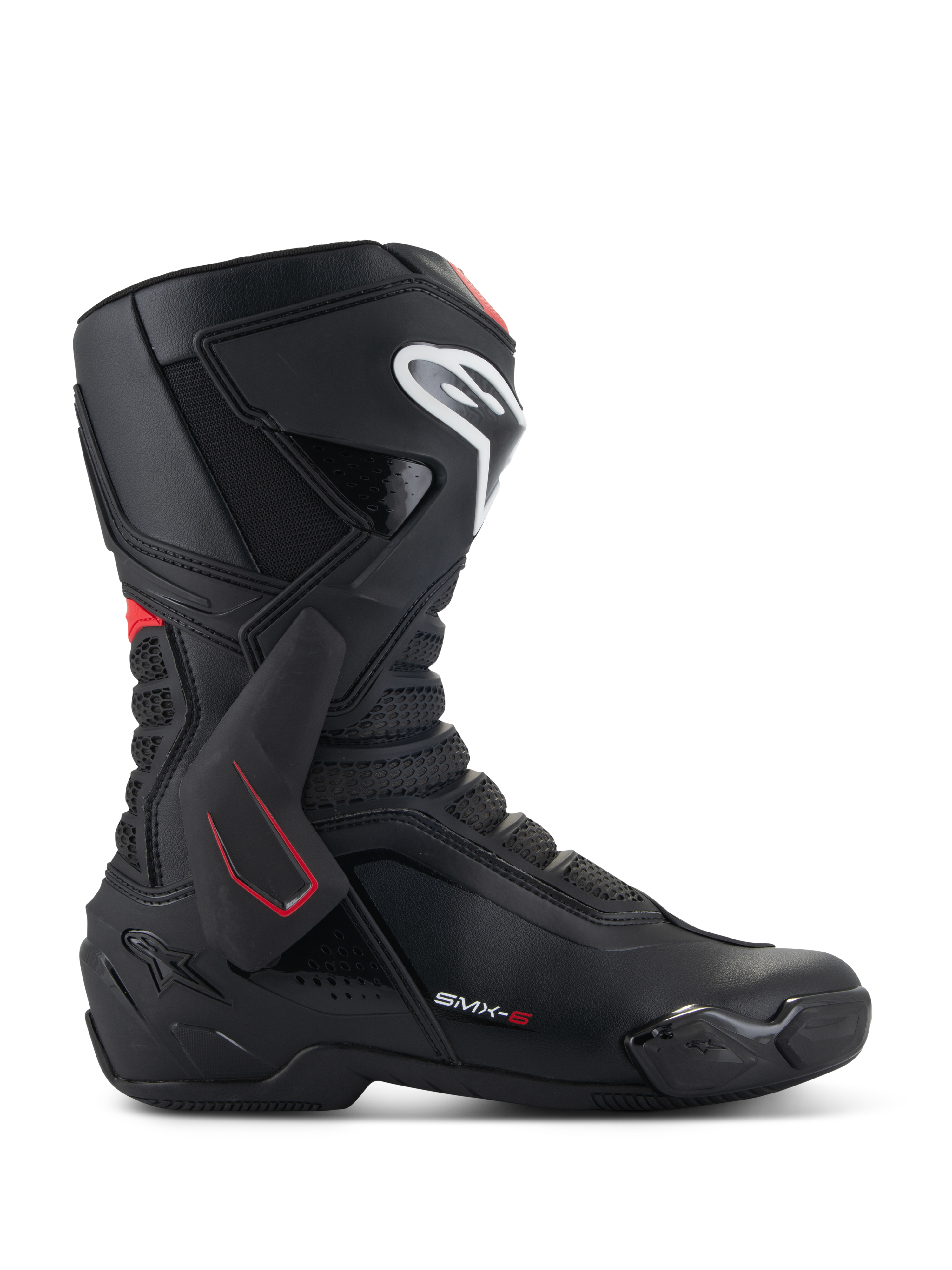 Alpinestars SMX-6 V3 Stiefel, Motorrad-Rennstiefel, Schwarz mit weißen und roten Akzenten, Seitenansicht mit TPU-Knöchelstütze, weißem Schienbein-Logo und texturierten Mesh-Flexzonen, sportliches aerodynamisches Design