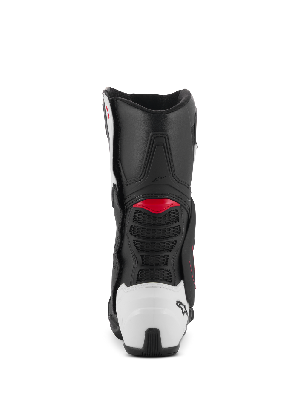 Alpinestars SMX-6 V3 Stiefel, Performance-Motorradstiefel, schwarz-weiß-rote Grafik, Rückansicht mit weißer TPU-Fersenschale und roten Akzenten, entwickelt für Performance auf Rennstrecke und Straße