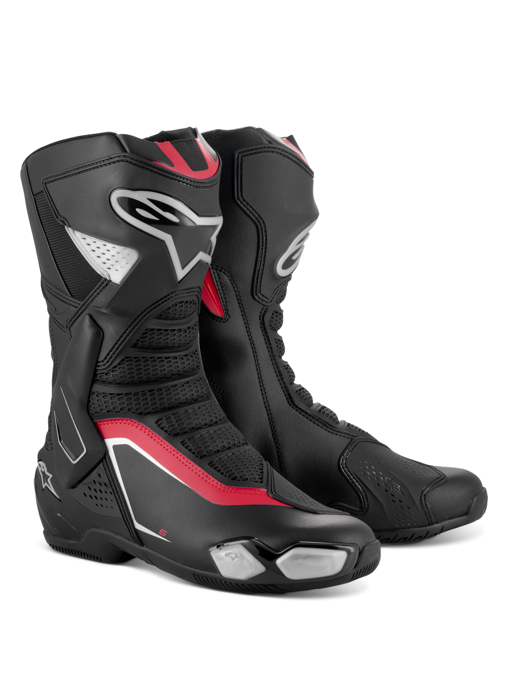 Alpinestars SMX-6 V3 Stiefel, Performance-Motorradstiefel, Schwarz, Silber und Rot, mit elegantem Mikrofaser-Obermaterial und TPU-Schutz, roten Akzenten und Alpinestars-Logo an der Außenseite.