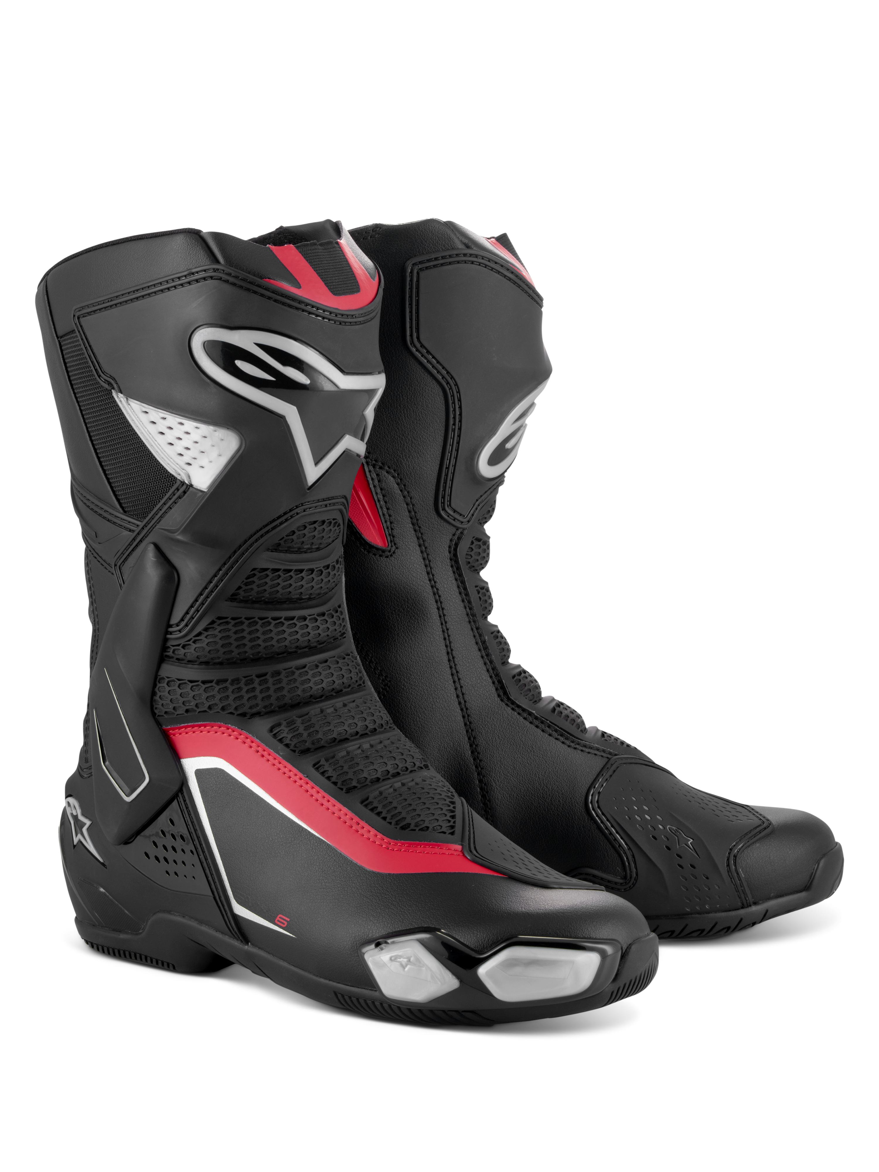 Alpinestars SMX-6 V3 Stiefel, Performance-Motorradstiefel, Schwarz, Silber und Rot, mit elegantem Mikrofaser-Obermaterial und TPU-Schutz, roten Akzenten und Alpinestars-Logo an der Außenseite.