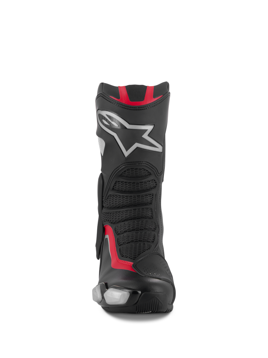 Alpinestars SMX-6 V3 Stiefel, Motorrad-Rennsport- und Sportstiefel, Schwarz, Silber und Rot, Vorderansicht mit TPU-Schienbeinplatte, silbernem Stern-Logo, Mesh-Flexzonen und Performance-Mikrofaser-Konstruktion