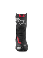Alpinestars SMX-6 V3 Stiefel, Motorrad-Rennsport- und Sportstiefel, Schwarz, Silber und Rot, Vorderansicht mit TPU-Schienbeinplatte, silbernem Stern-Logo, Mesh-Flexzonen und Performance-Mikrofaser-Konstruktion
