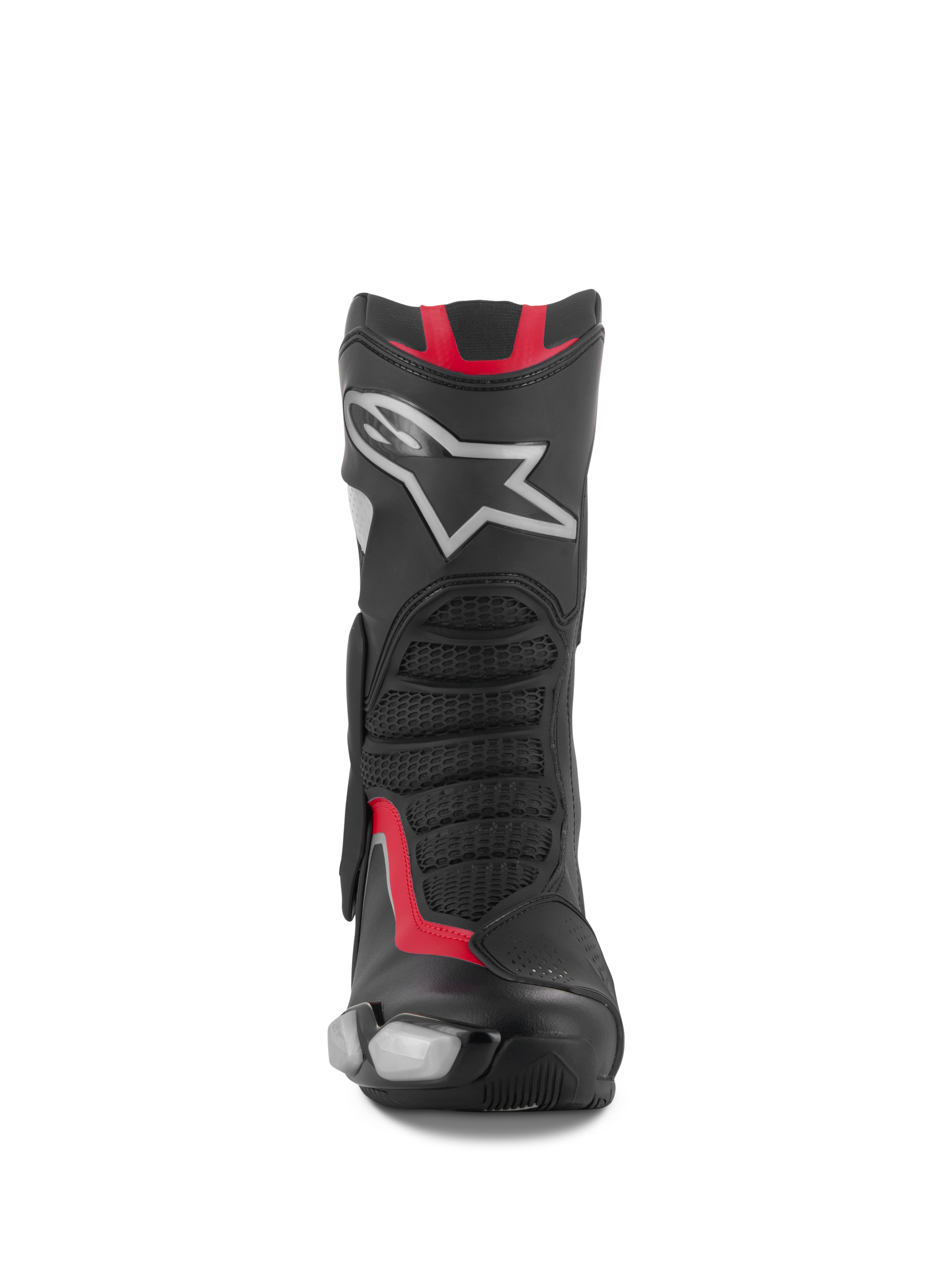 Alpinestars SMX-6 V3 Stiefel, Motorrad-Rennsport- und Sportstiefel, Schwarz, Silber und Rot, Vorderansicht mit TPU-Schienbeinplatte, silbernem Stern-Logo, Mesh-Flexzonen und Performance-Mikrofaser-Konstruktion