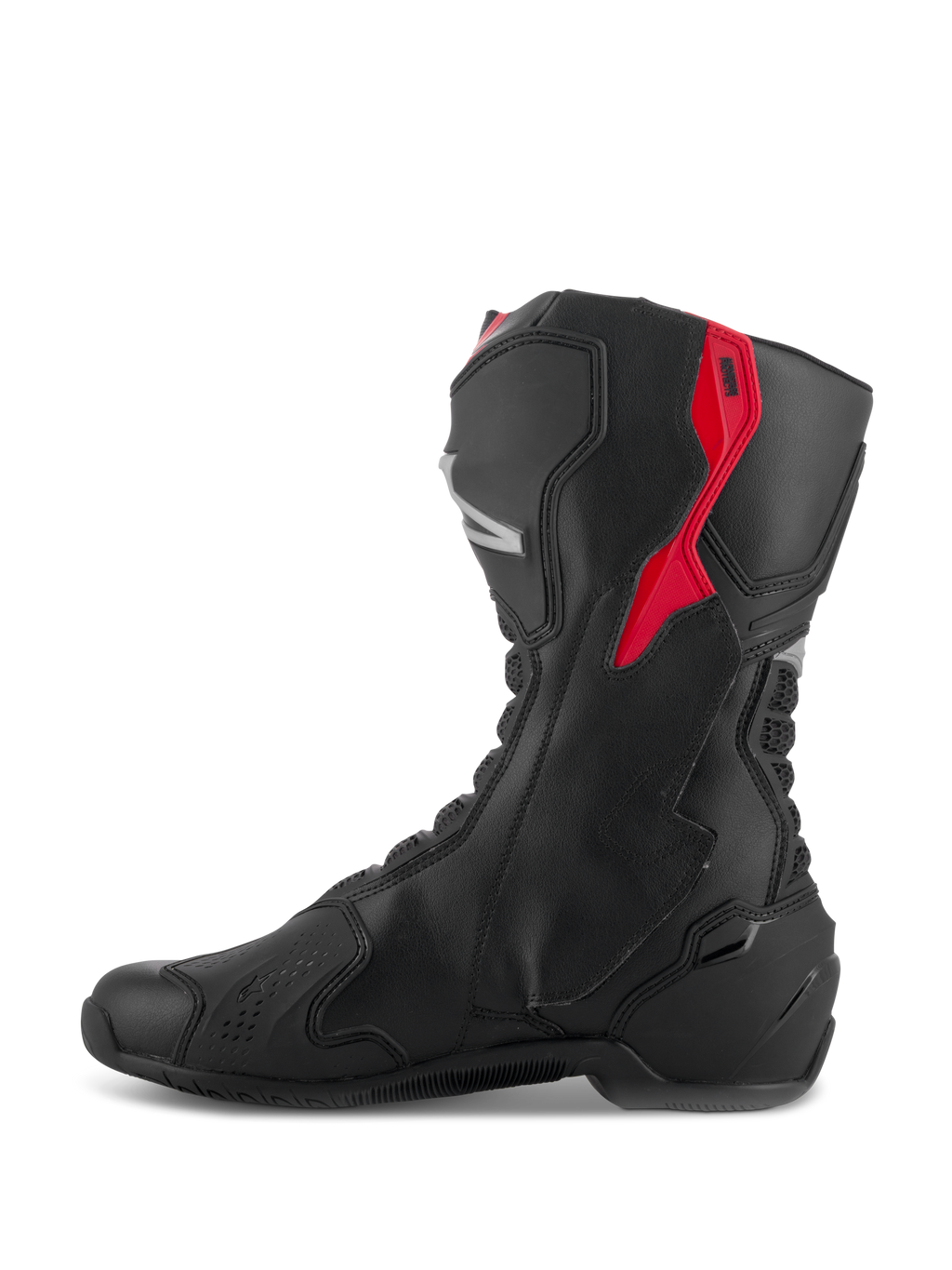Alpinestars SMX-6 V3 Stiefel, Performance-Motorradstiefel, Schwarz mit roten und silbernen Akzenten, Seitenansicht zeigt Mikrofaser-Konstruktion und schützende TPU-Panele, aus dem Rennsport abgeleitetes Design für Performance auf Rennstrecke und Straße