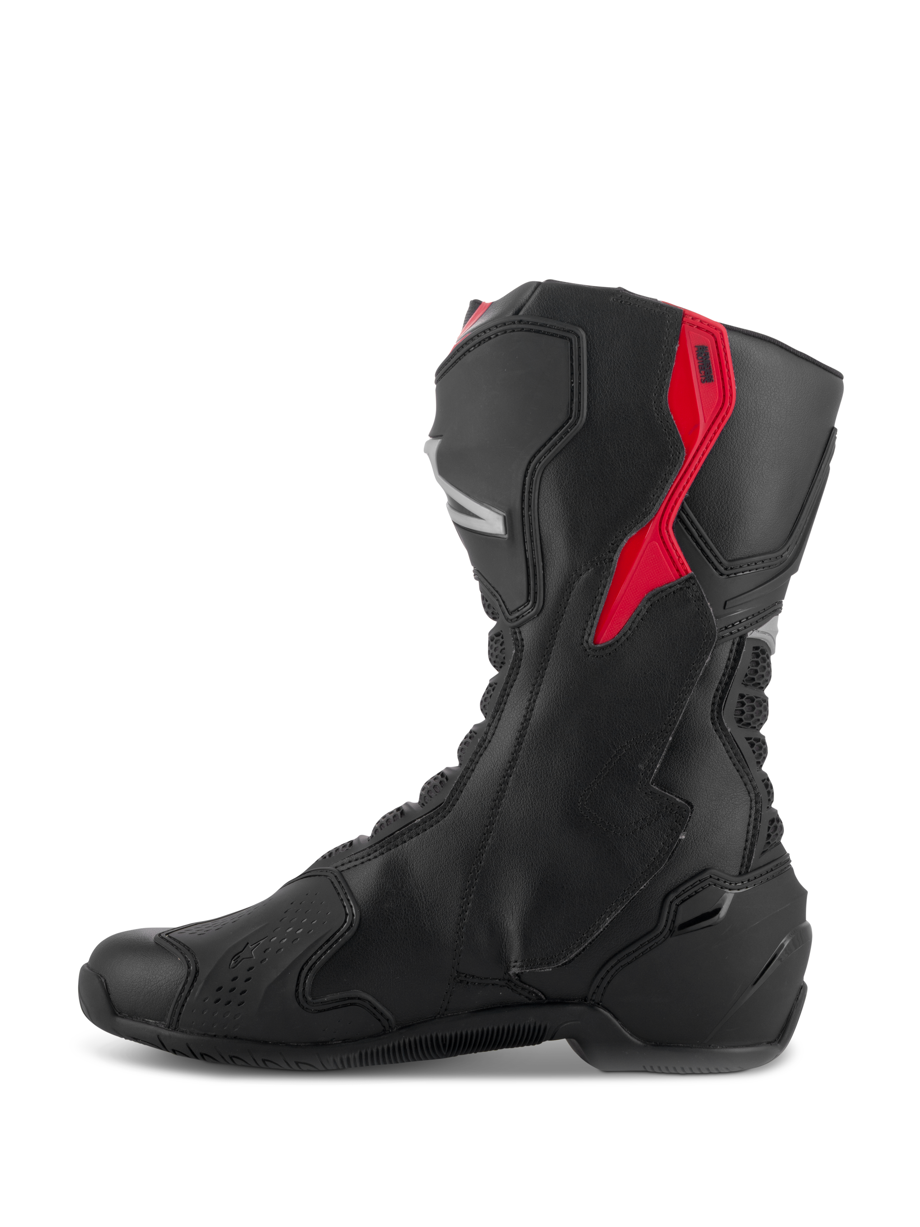 Alpinestars SMX-6 V3 Stiefel, Performance-Motorradstiefel, Schwarz mit roten und silbernen Akzenten, Seitenansicht zeigt Mikrofaser-Konstruktion und schützende TPU-Panele, aus dem Rennsport abgeleitetes Design für Performance auf Rennstrecke und Straße