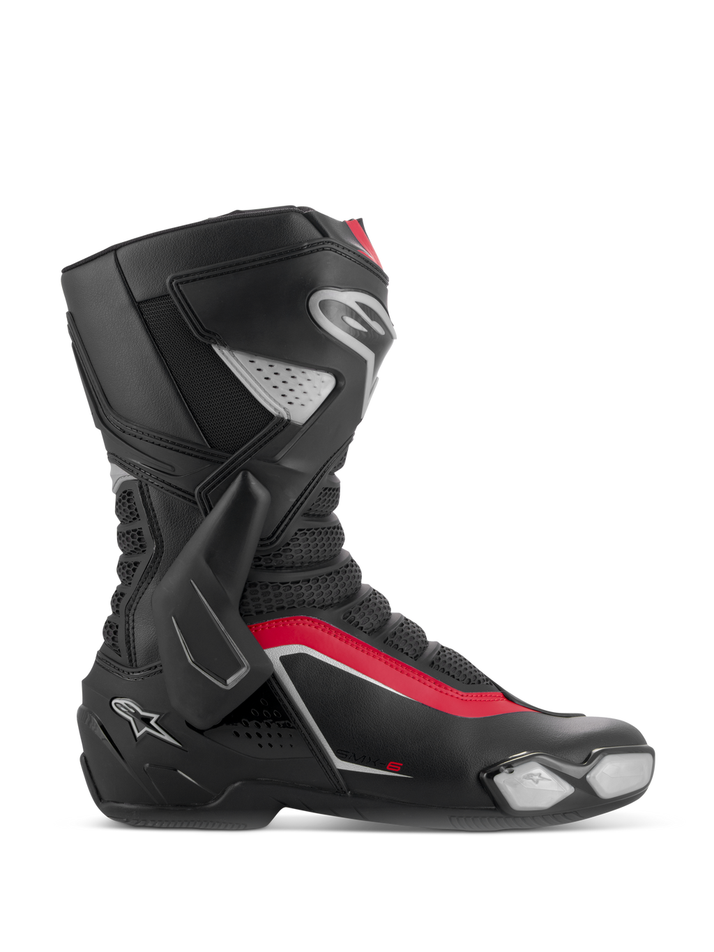 Alpinestars SMX-6 V3 Stiefel, Motorrad-Rennstiefel, Schwarz, Silber und Rot, Seitenprofil mit seitlicher TPU-Knöchelstütze, austauschbarem Zehenschleifer und Mesh-Flexzonen für Rennstrecke und Straße