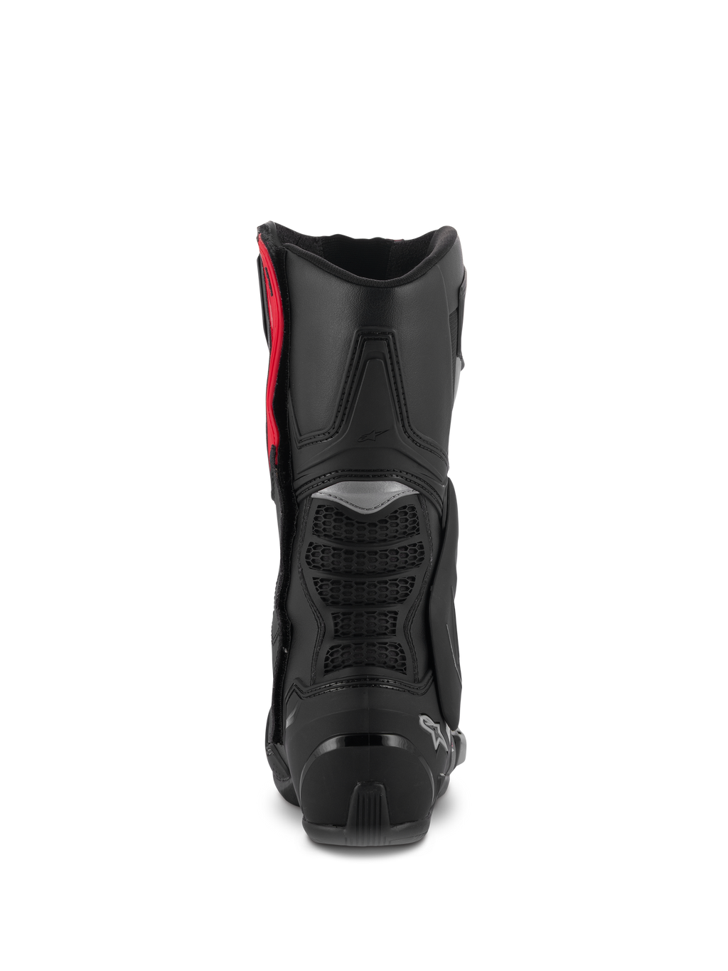 Alpinestars SMX-6 V3 Stiefel, Performance-Reitstiefel, Schwarz Silber Rot, Rückansicht mit TPU-Wadenschutz, Mesh-Flexzonen und Fersenverstärkung, hochleistungsfähiges schützendes Schuhwerk