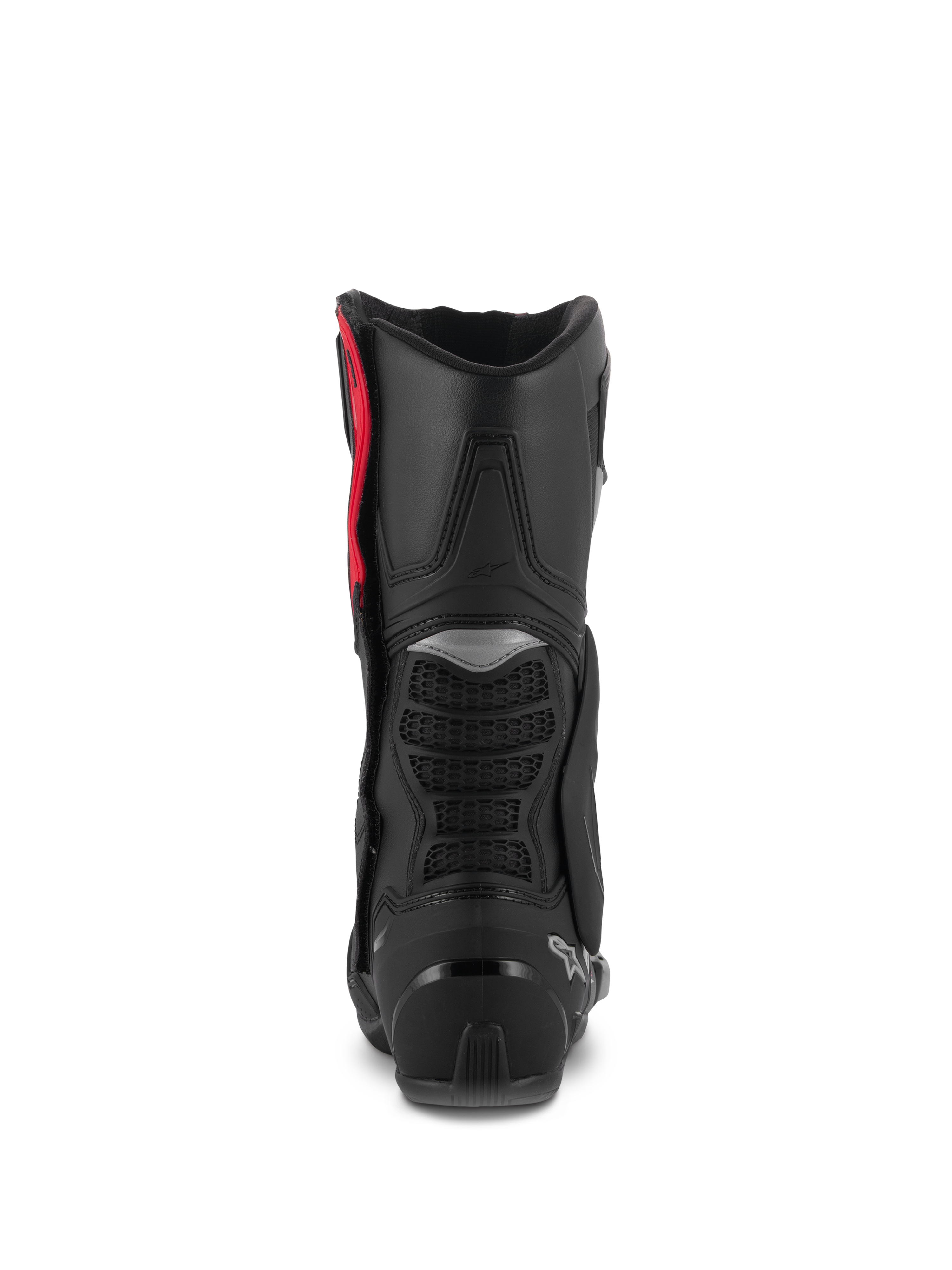 Alpinestars SMX-6 V3 Stiefel, Performance-Reitstiefel, Schwarz Silber Rot, Rückansicht mit TPU-Wadenschutz, Mesh-Flexzonen und Fersenverstärkung, hochleistungsfähiges schützendes Schuhwerk