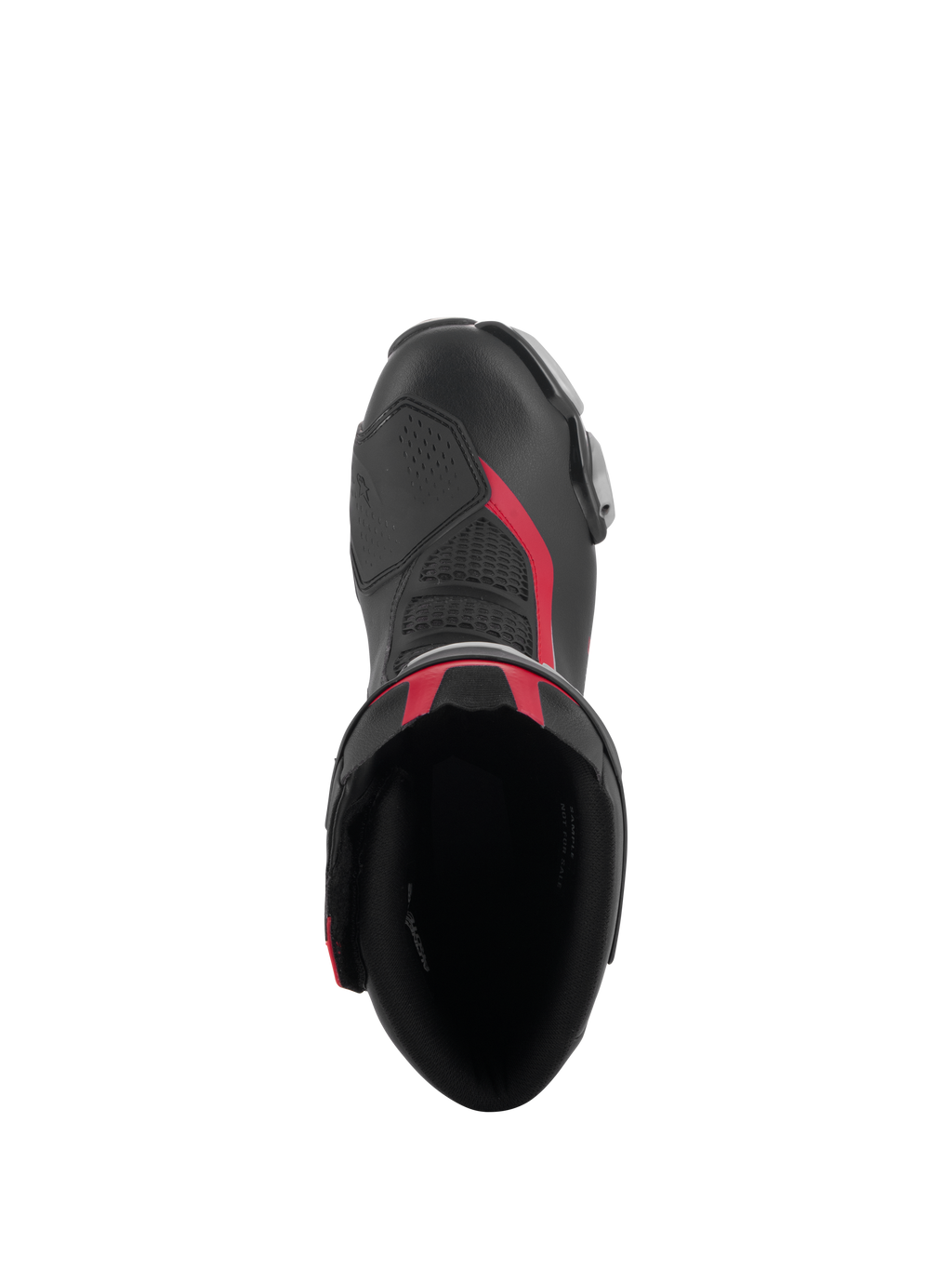 Alpinestars SMX-6 V3 Stiefel in Schwarz Silber Rot, Draufsicht mit Stiefelöffnung, Mikrofaser-Konstruktion mit roten Akzenten und integrierter TPU-Schaltzone.