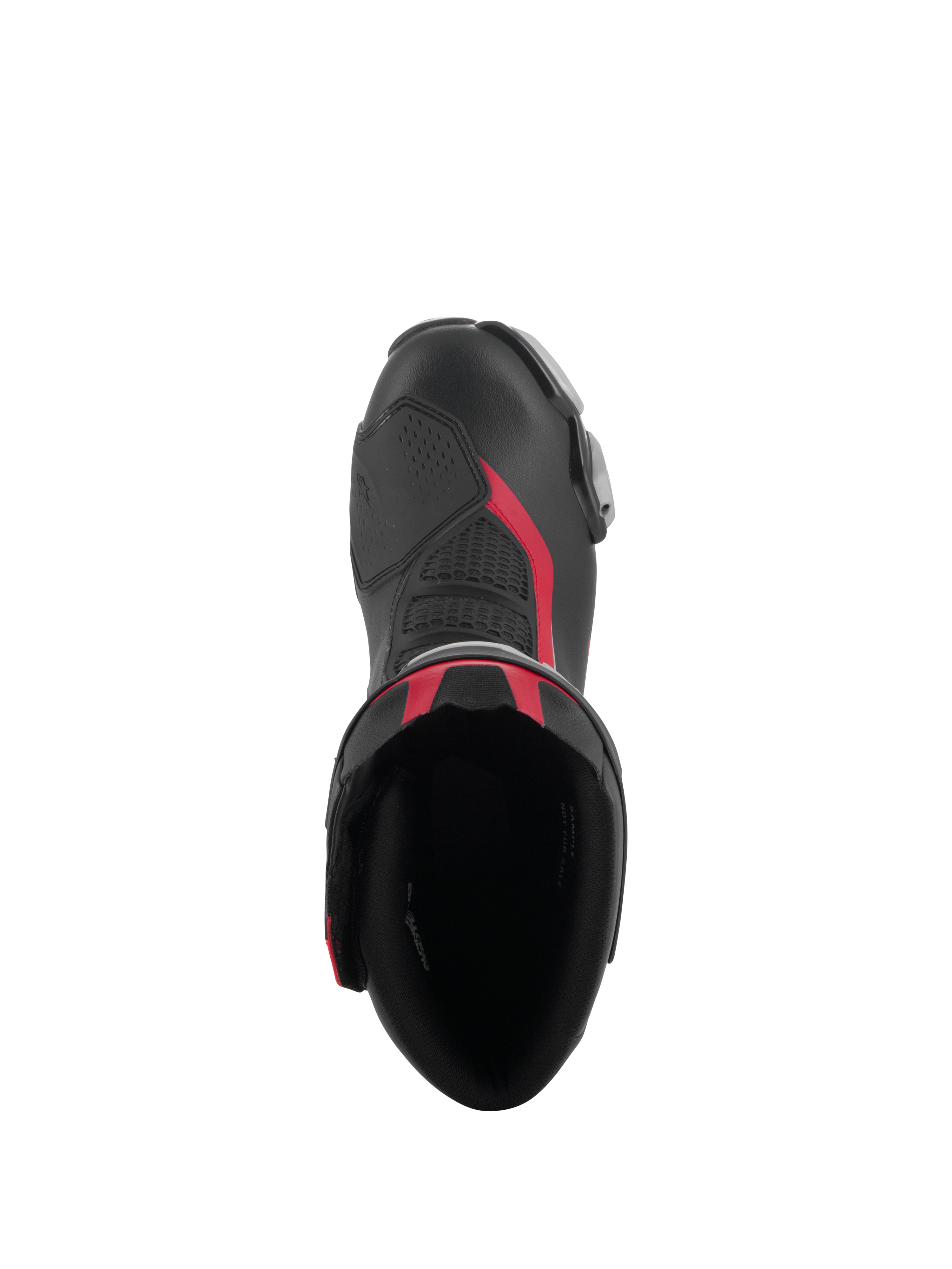 Alpinestars SMX-6 V3 Stiefel in Schwarz Silber Rot, Draufsicht mit Stiefelöffnung, Mikrofaser-Konstruktion mit roten Akzenten und integrierter TPU-Schaltzone.