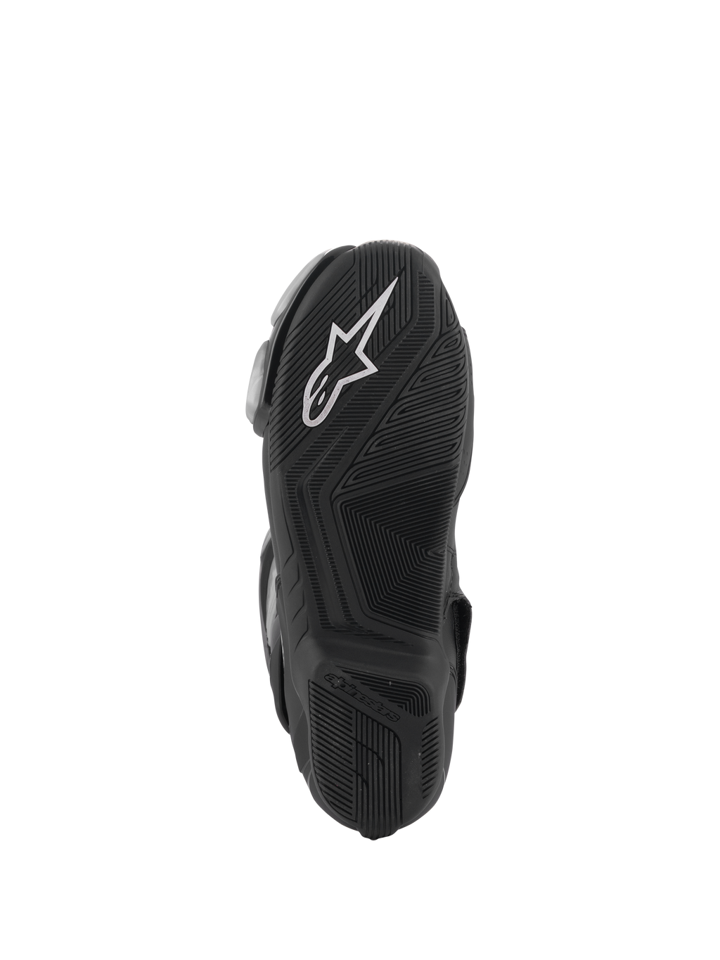 Alpinestars SMX-6 V3 Stiefel, Schwarz, Sohlenansicht mit strukturierter Gummiaußensohle für Grip, weißes Alpinestars-Logo an der Ferse, geprägtes Branding, entwickelt für Performance-Fahrten auf Rennstrecke und Straße.