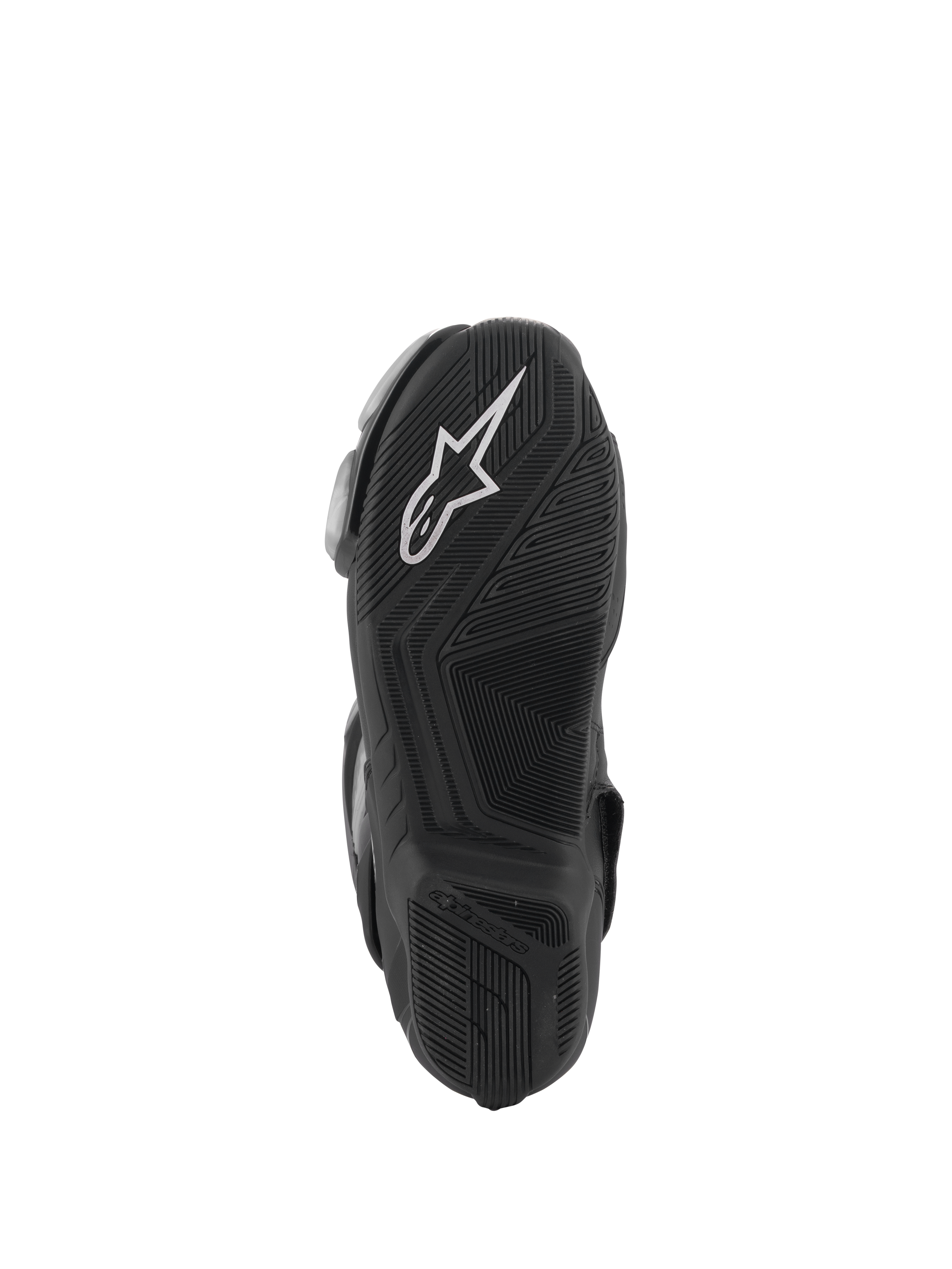 Alpinestars SMX-6 V3 Stiefel, Schwarz, Sohlenansicht mit strukturierter Gummiaußensohle für Grip, weißes Alpinestars-Logo an der Ferse, geprägtes Branding, entwickelt für Performance-Fahrten auf Rennstrecke und Straße.