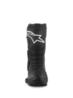 Alpinestars Stella SMX-6 V3 Stiefel, Performance-Motorradstiefel für Damen, Schwarz mit weißem Alpinestars-Logo, Vorderansicht mit TPU-Schienbeinprotektor und flexiblen Mesh-Zonen, strapazierfähige Mikrofaser-Konstruktion