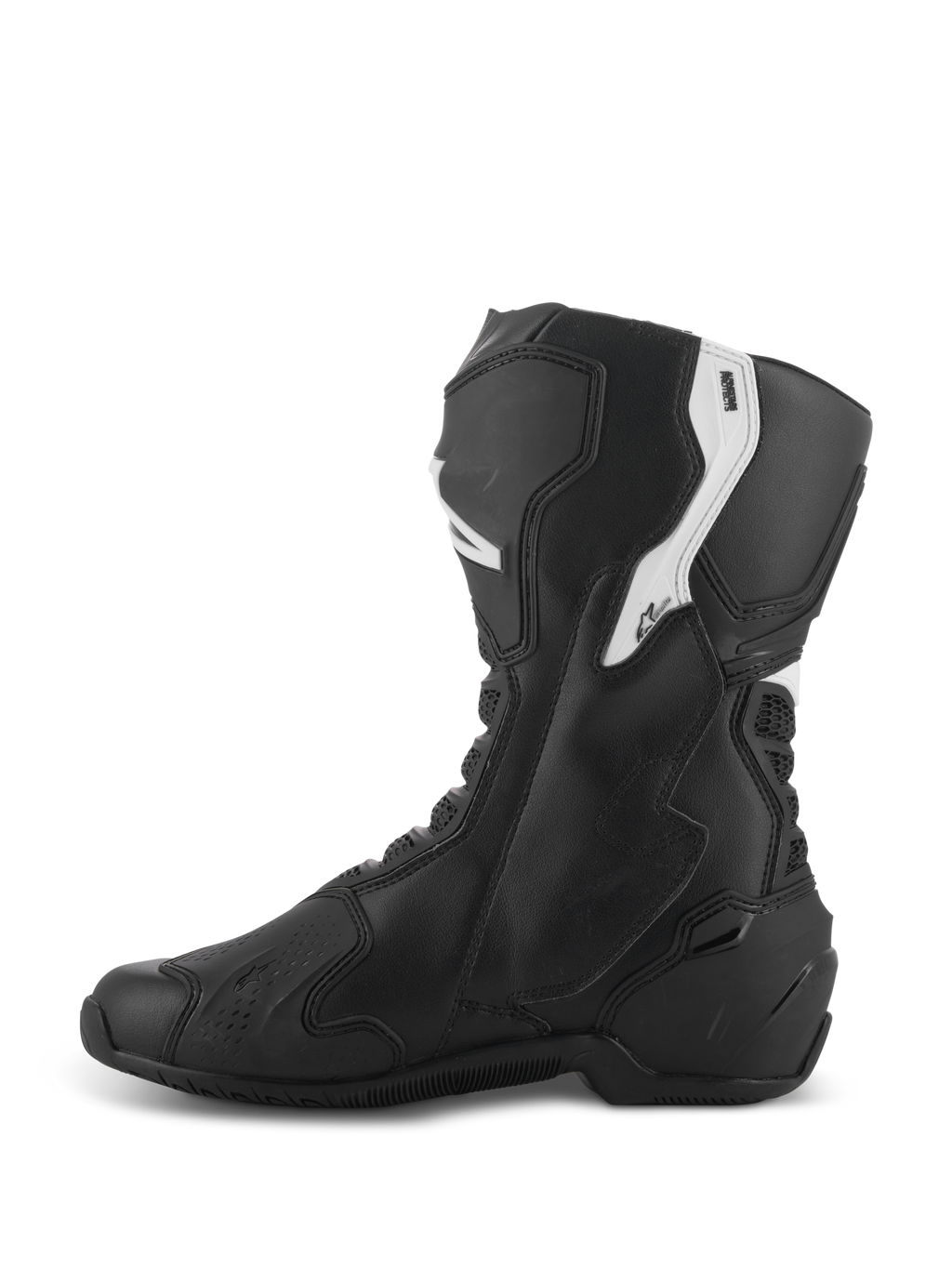 Alpinestars Stella SMX-6 V3 Stiefel, Performance-Motorradstiefel für Damen, Schwarz und Weiß, mediale Seitenansicht mit ergonomischem Mikrofaser-Obermaterial, TPU-Schienbein- und Knöchelschutz, flexiblen Mesh-Zonen und stromlinienförmigem Design für Rennstrecke und Straße