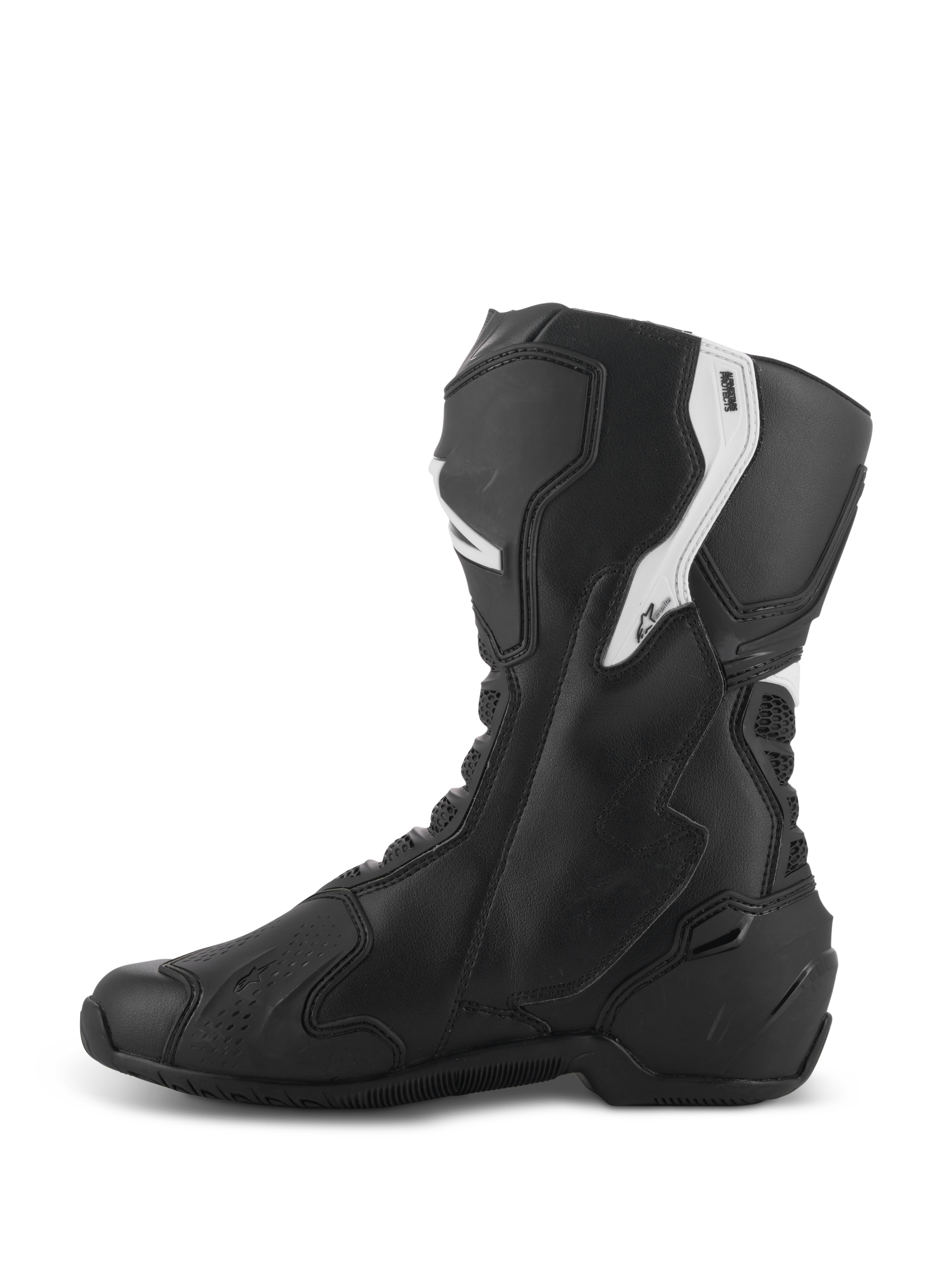 Alpinestars Stella SMX-6 V3 Stiefel, Performance-Motorradstiefel für Damen, Schwarz und Weiß, mediale Seitenansicht mit ergonomischem Mikrofaser-Obermaterial, TPU-Schienbein- und Knöchelschutz, flexiblen Mesh-Zonen und stromlinienförmigem Design für Rennstrecke und Straße
