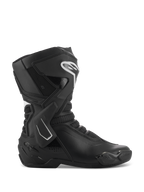 Alpinestars Stella SMX-6 V3 Stiefel, Damen-Motorradstiefel, Schwarz und Weiß, Seitenansicht mit TPU-Knöchelstütze und Schienbeinschützern, atmungsaktive Mesh-Einsätze, weißes Alpinestars-Logo vorne, entwickelt für Performance auf Rennstrecke und Straße