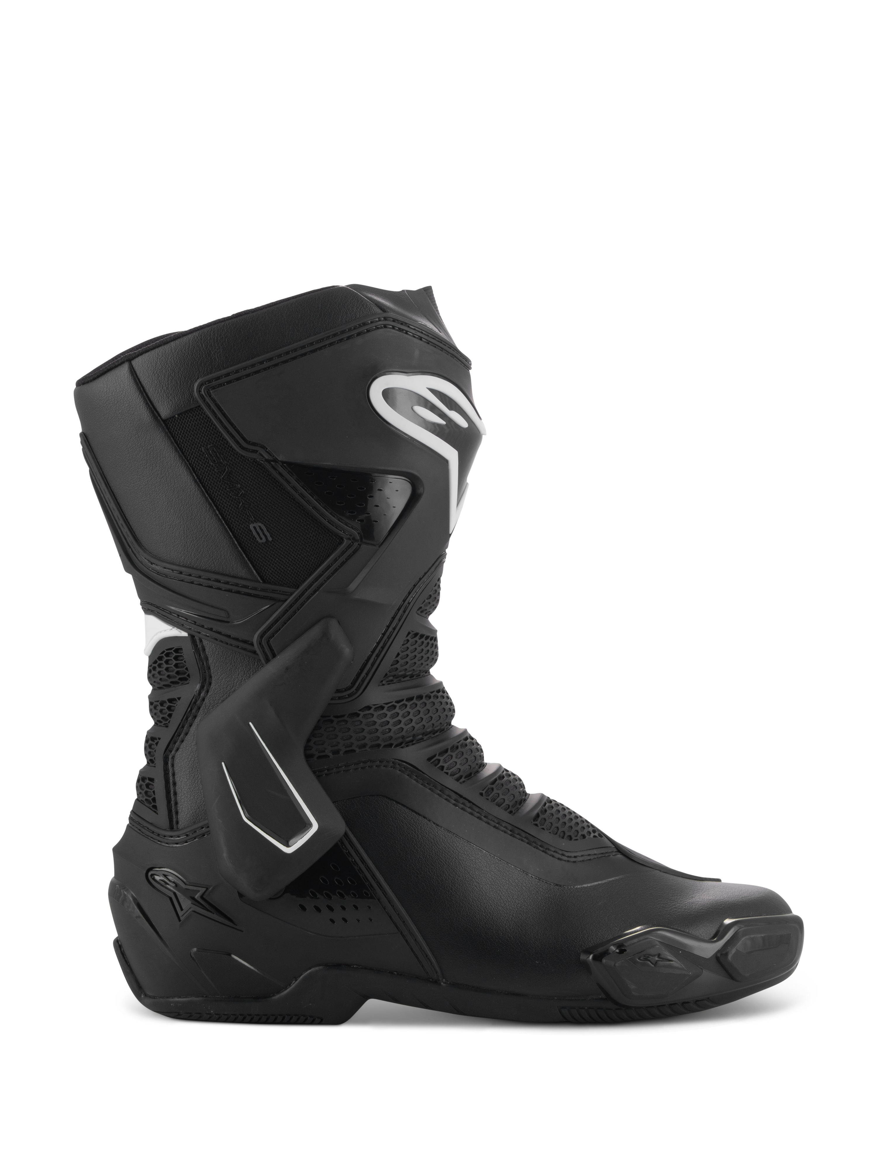 Alpinestars Stella SMX-6 V3 Stiefel, Damen-Motorradstiefel, Schwarz und Weiß, Seitenansicht mit TPU-Knöchelstütze und Schienbeinschützern, atmungsaktive Mesh-Einsätze, weißes Alpinestars-Logo vorne, entwickelt für Performance auf Rennstrecke und Straße