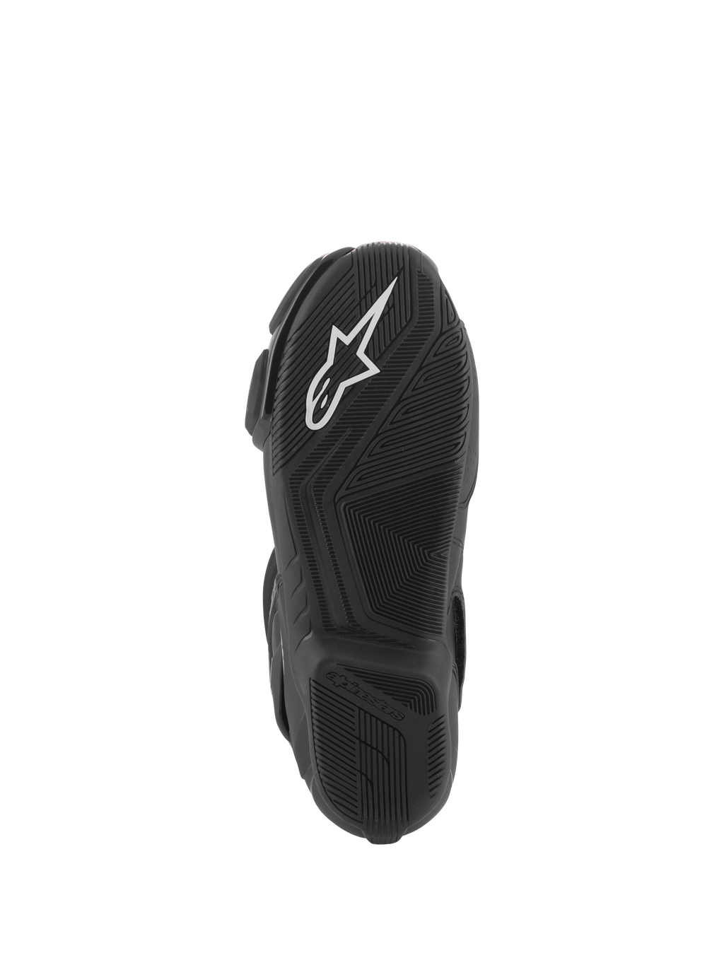Alpinestars Stella SMX-6 V3 Stiefel, Sohlenansicht, schwarze leichte Gummimischung mit strukturiertem Profil, weißes Alpinestars-Logo, konzipiert für Rennstrecken- und Straßenperformance