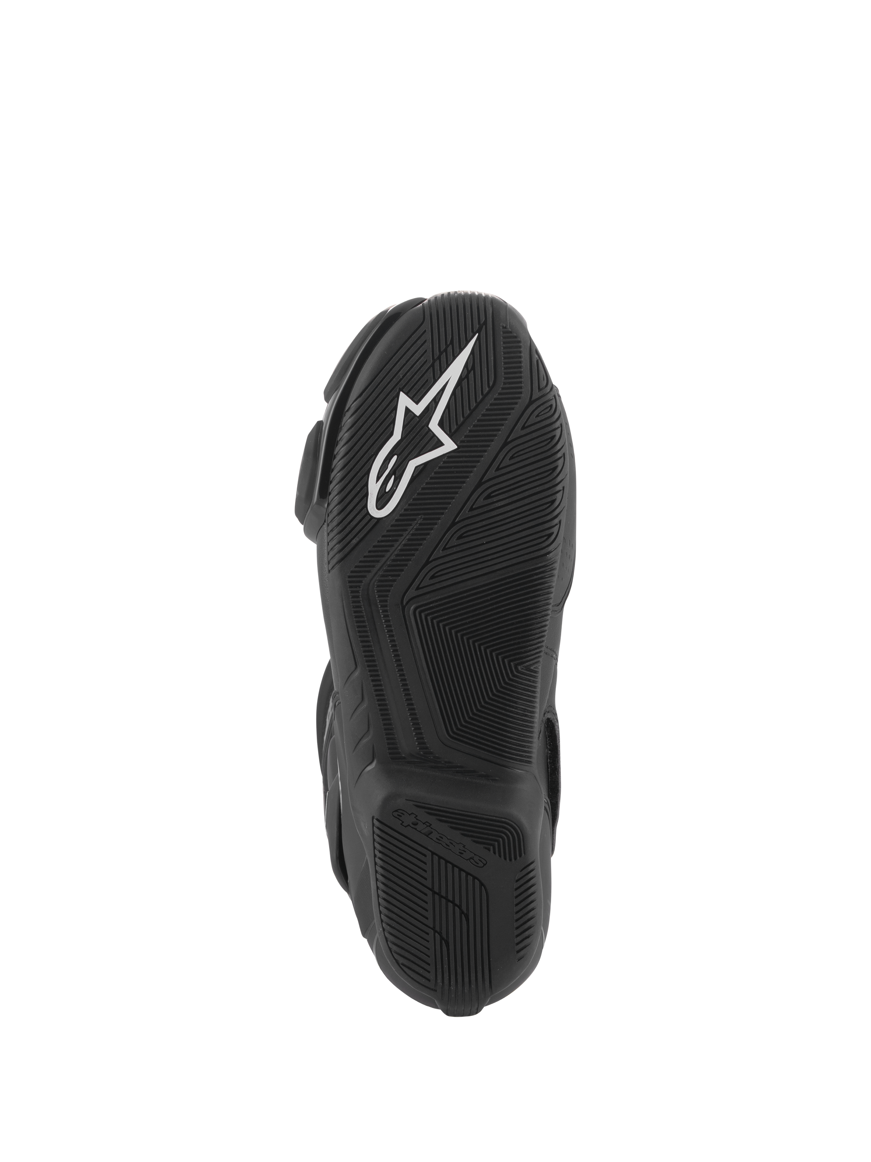 Alpinestars Stella SMX-6 V3 Stiefel, Sohlenansicht, schwarze leichte Gummimischung mit strukturiertem Profil, weißes Alpinestars-Logo, konzipiert für Rennstrecken- und Straßenperformance