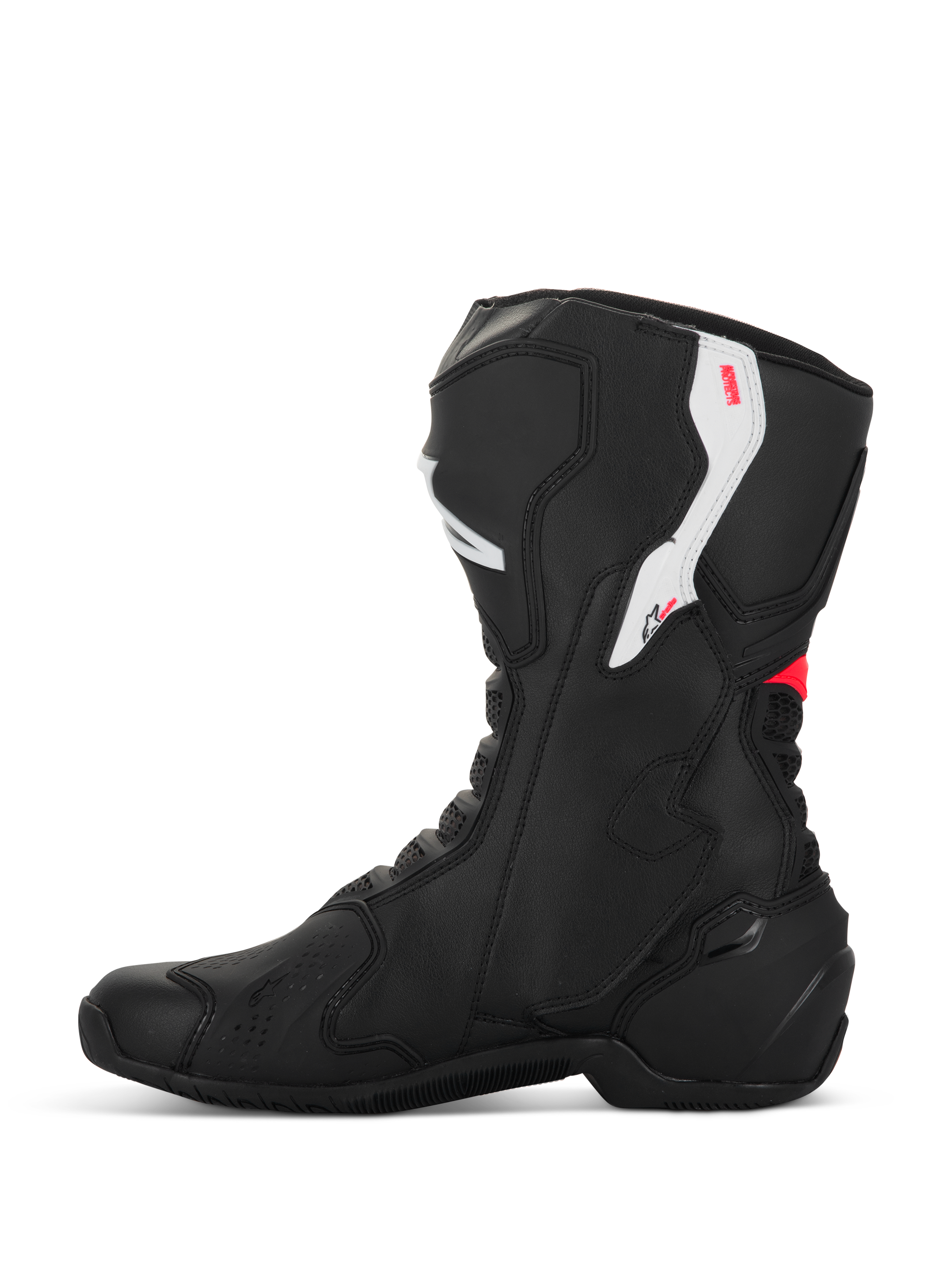 Alpinestars Stella SMX-6 V3 Boots, Women's Motorcycle Boots, Black White and Diva Pink, side profile view, featuring microfiber construction, TPU ankle and shin protection, and streamlined performance design for track and street riding.