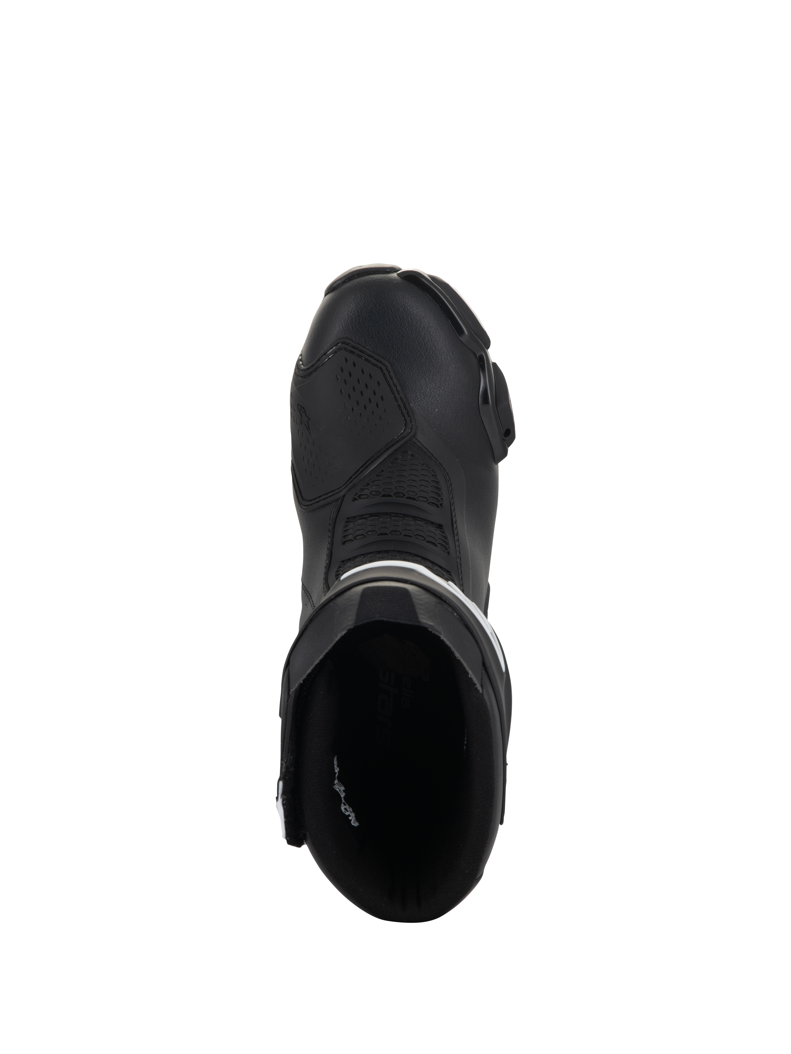 Alpinestars Stella SMX-6 V3 Boots, Women's Racing and Sport Motorcycle Boots, Black and White, top-down view showing the entry opening and streamlined toe box, durable microfiber construction.