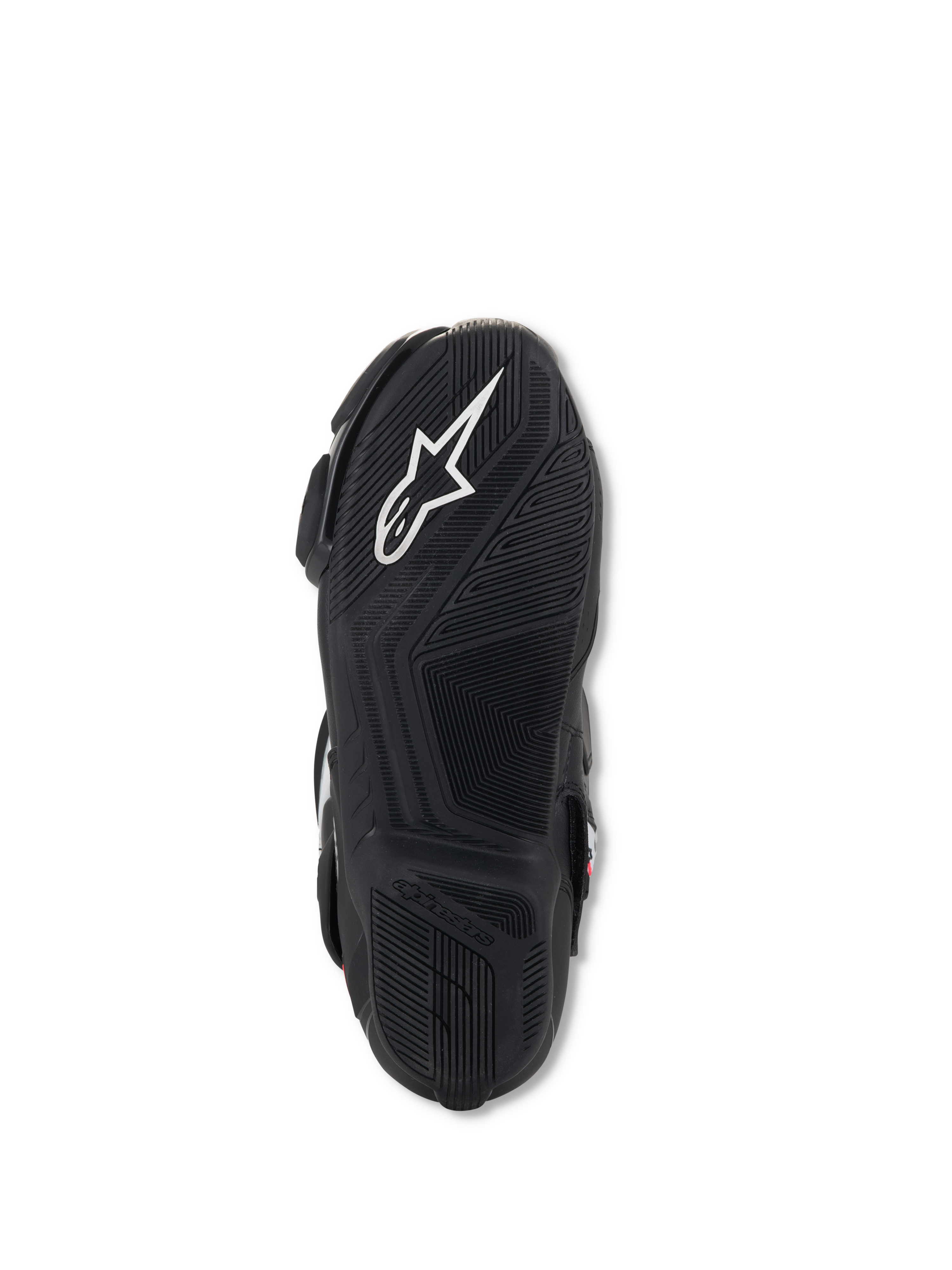 Alpinestars Stella SMX-6 V3 Boots, bottom sole view, black lightweight rubber with textured grip patterns, featuring white Alpinestars logo and embossed branding for traction and pedal control