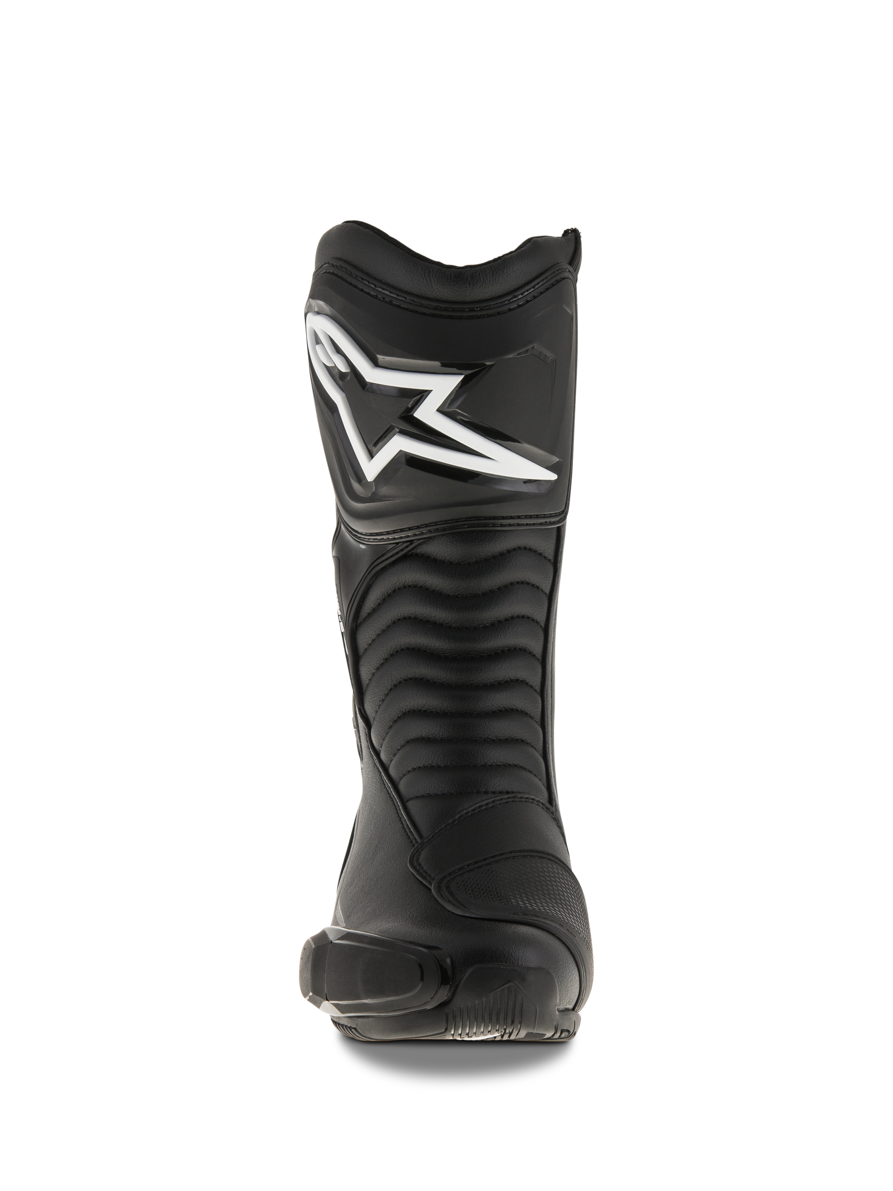 Alpinestars SMX S Boots, Black motorcycle boots, front-facing view showing the large white Alpinestars logo on the shin plate, accordion-style flex panels, and durable microfiber construction with protective PU shields