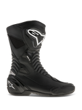 Alpinestars SMX S Boots, Motorcycle Racing Boots, Black with White logos, side profile view featuring durable microfiber construction, reinforced shin and heel protection, flexible accordion flex zones, and a sleek aerodynamic design for sport riding.