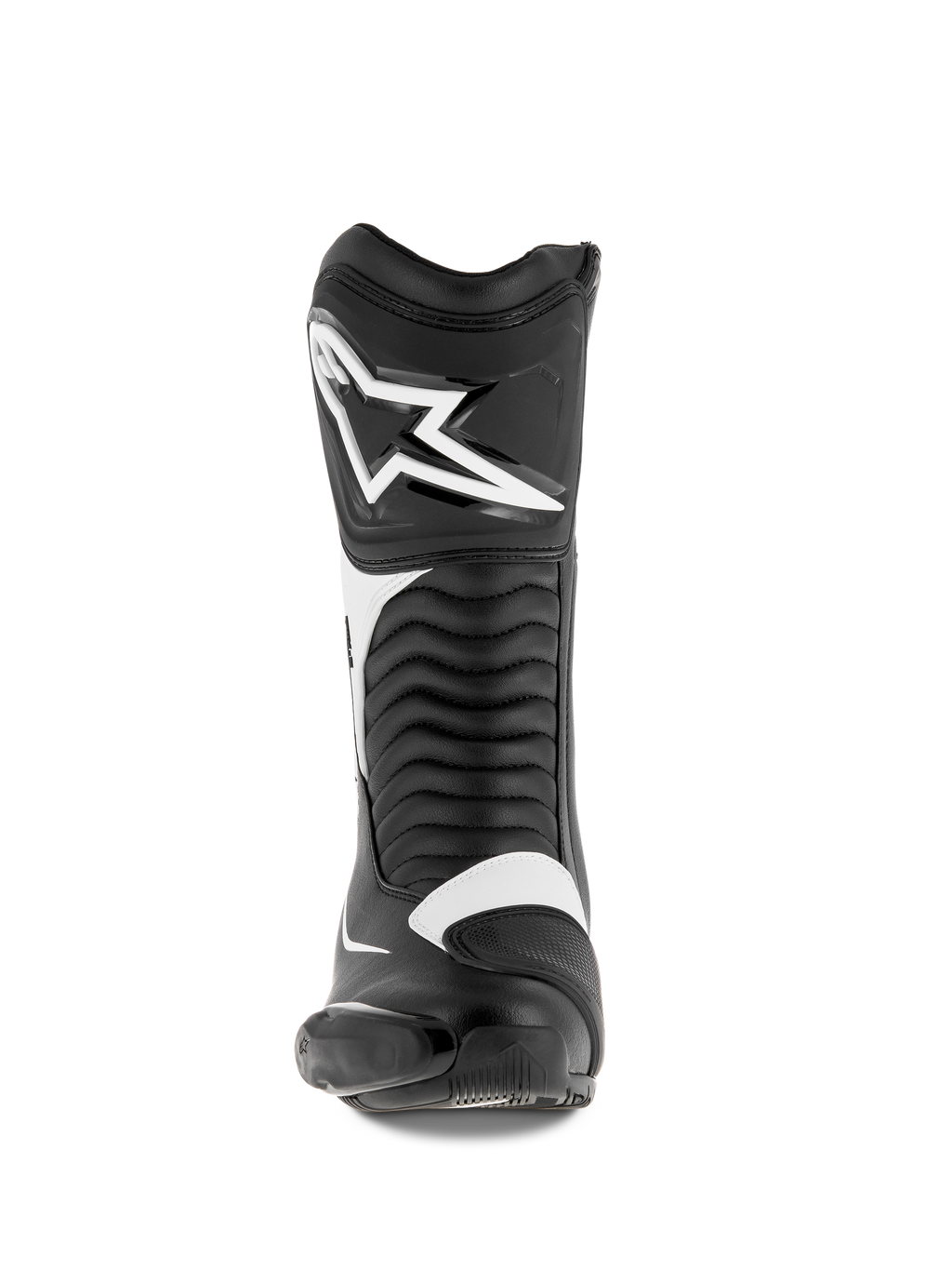 Alpinestars SMX S Boots, Motorcycle Boots, Black and White, front view featuring a large white Alpinestars logo on the shin, accordion flex panels, and durable microfiber construction with protective PU shields