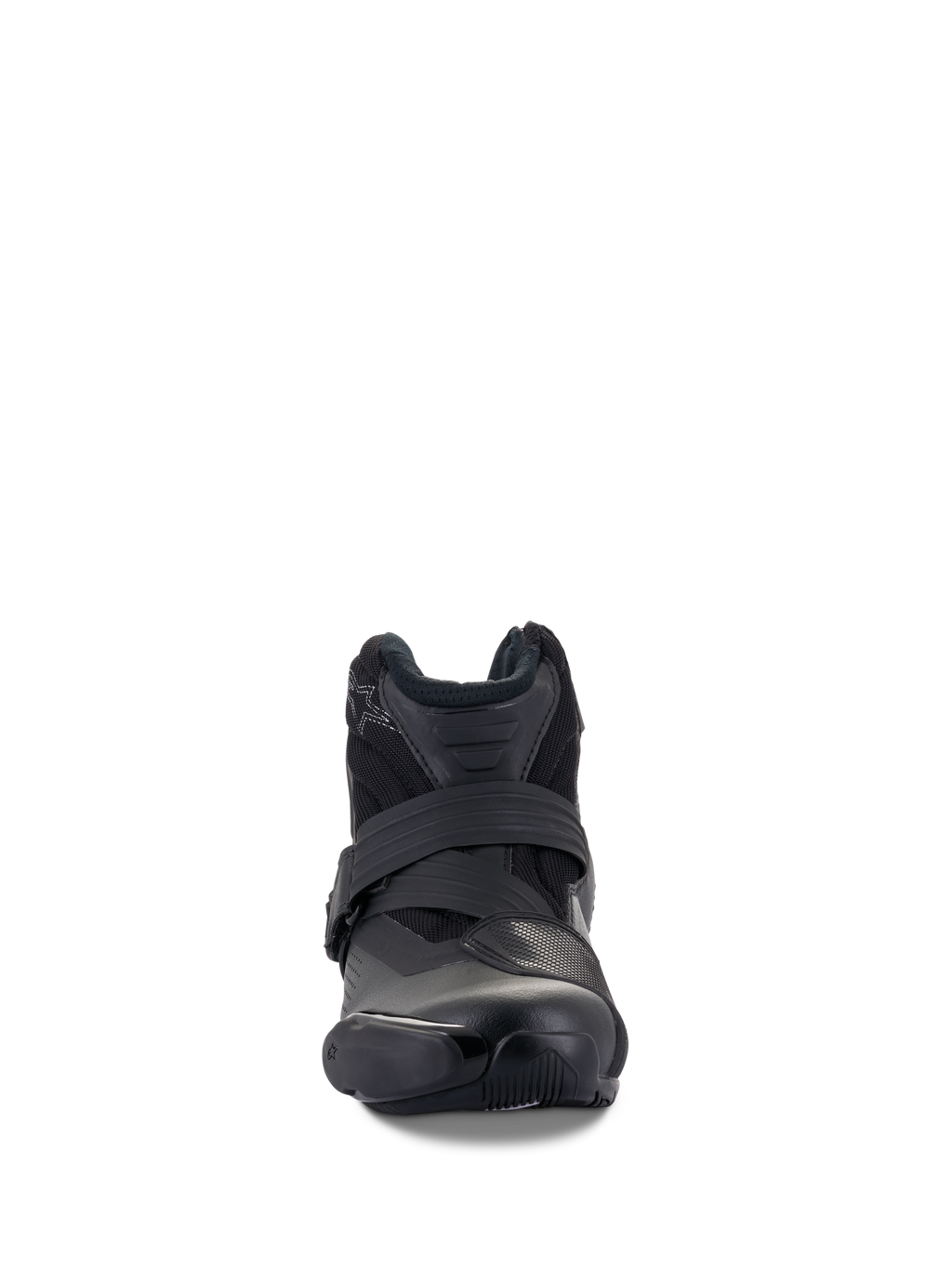 Alpinestars SMX-1 R V2 Vented Stiefel, Schwarz, niedrig geschnittener Performance-Motorradschuh, Vorderansicht mit Riemenverschluss und TPU-Zehenschutz, belüftetes Mikrofaser-Obermaterial