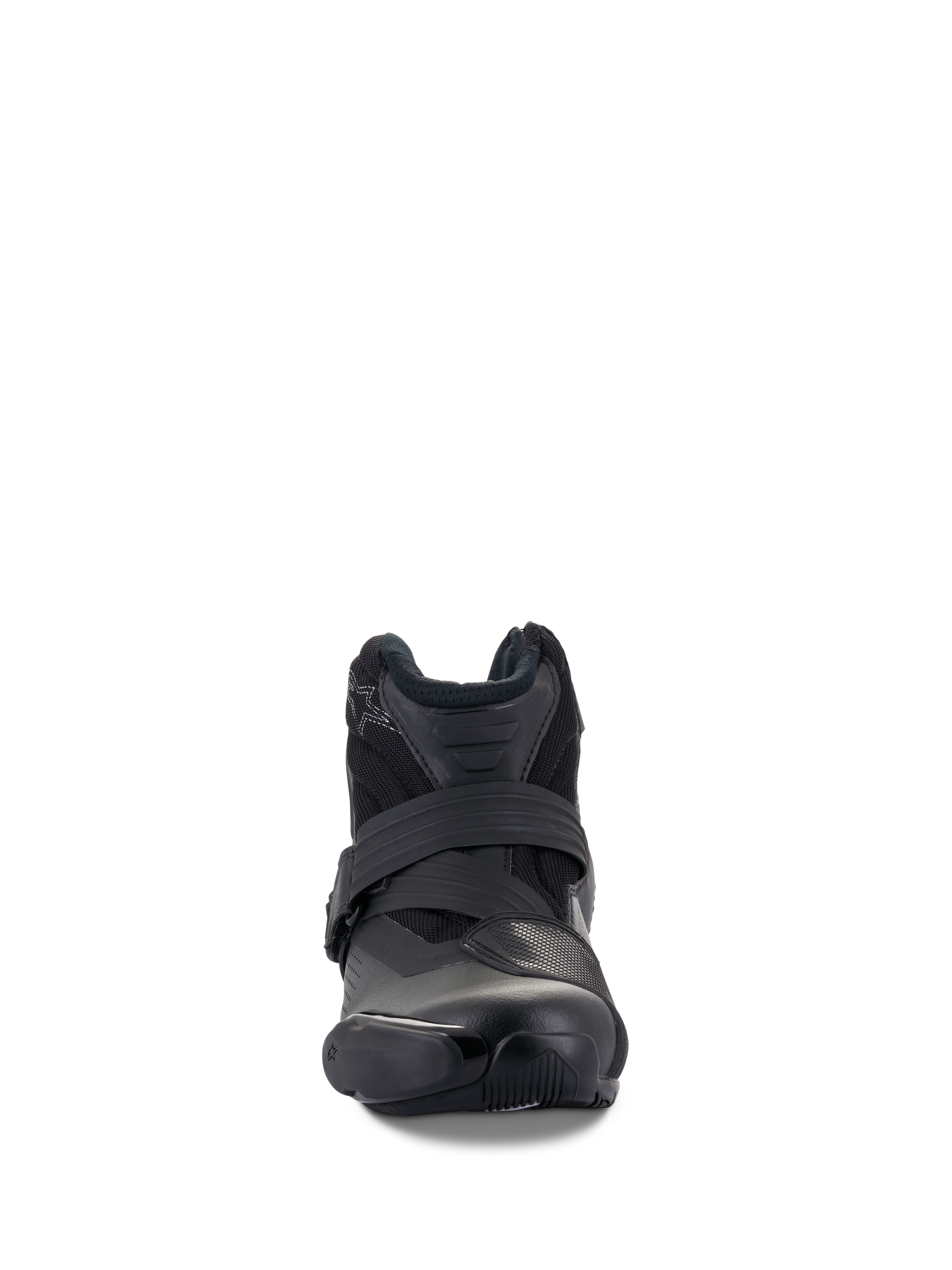 Alpinestars SMX-1 R V2 Vented Stiefel, Schwarz, niedrig geschnittener Performance-Motorradschuh, Vorderansicht mit Riemenverschluss und TPU-Zehenschutz, belüftetes Mikrofaser-Obermaterial