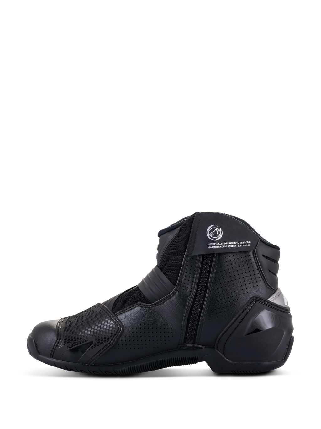 Alpinestars SMX-1 R V2 Vented Boots, Schwarz, niedrig geschnittene Performance-Motorradstiefel, Seitenprofilansicht mit perforiertem Mikrofaser-Obermaterial, TPU-Protektoren und seitlichem Reißverschluss.