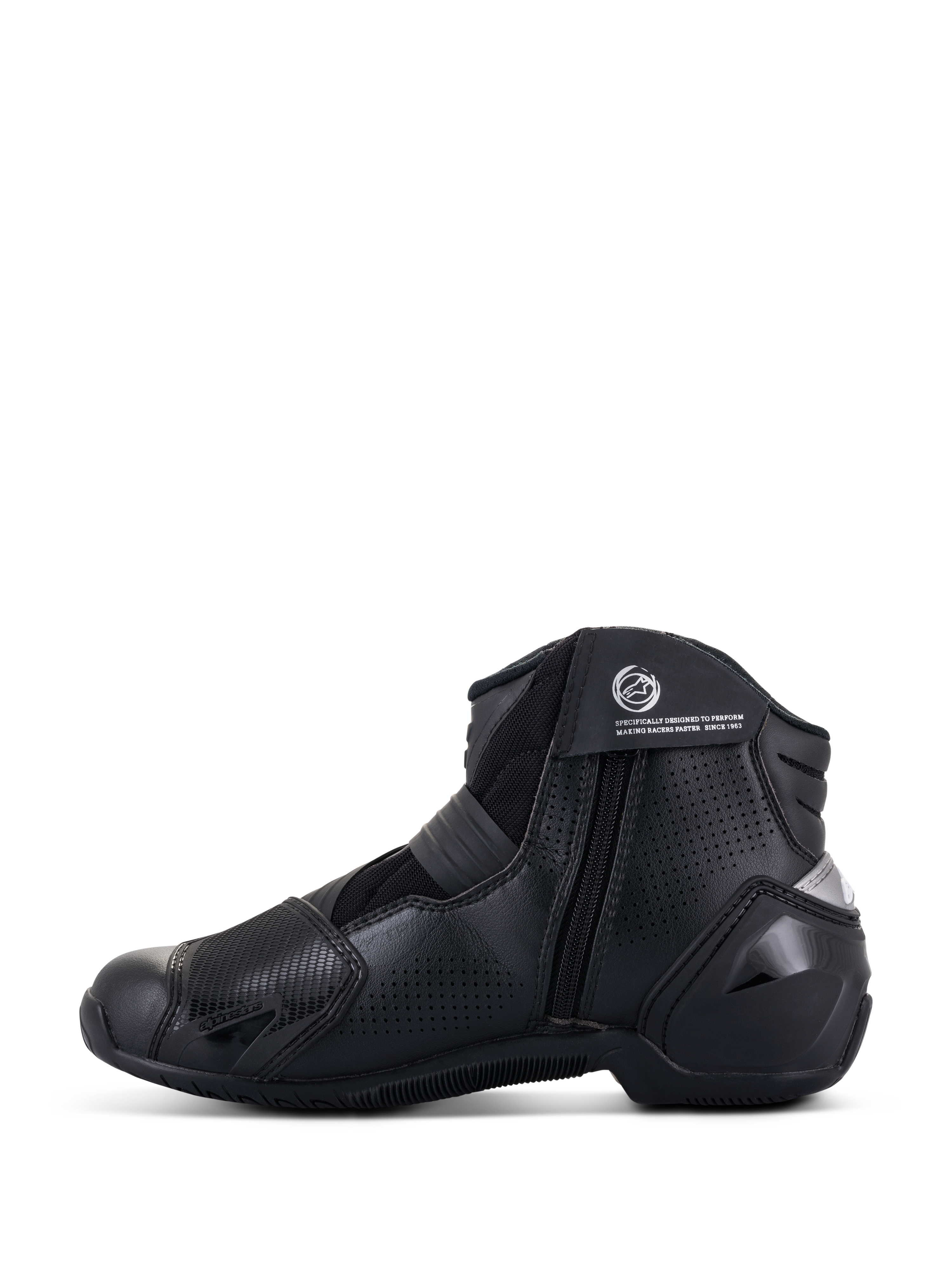 Alpinestars SMX-1 R V2 Vented Boots, Schwarz, niedrig geschnittene Performance-Motorradstiefel, Seitenprofilansicht mit perforiertem Mikrofaser-Obermaterial, TPU-Protektoren und seitlichem Reißverschluss.