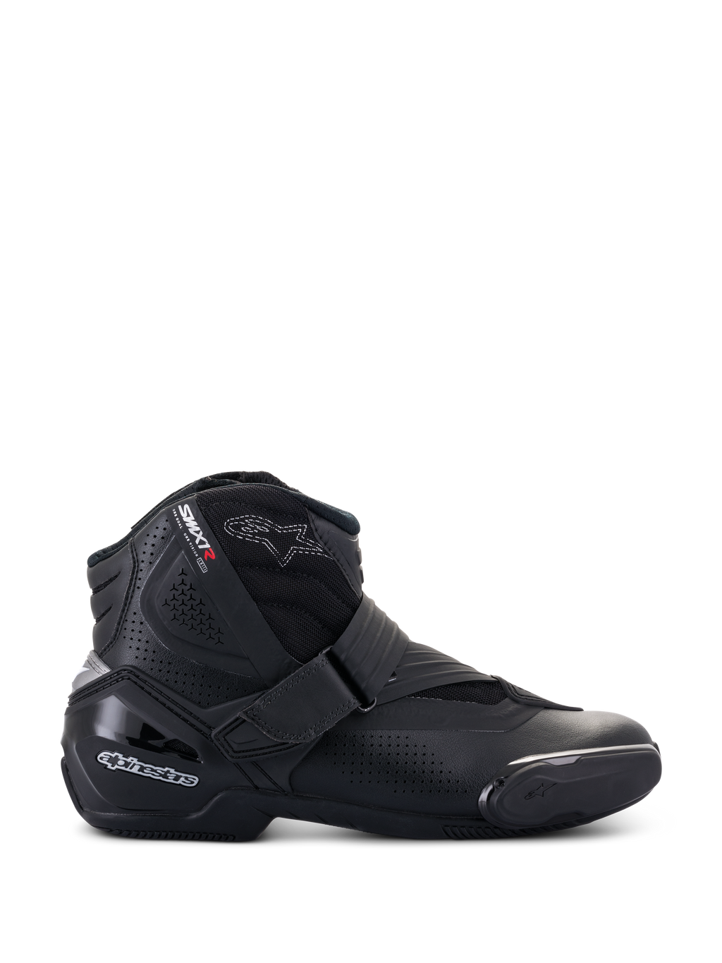 Alpinestars SMX-1 R V2 Vented Stiefel, niedrig geschnittene schwarze Motorradschuhe, Seitenprofil mit perforierten Mikrofaser-Einsätzen, TPU-Fersenschutz und Zehenschleifer, Klettverschluss, Sport-Straßenmotorradschuhe