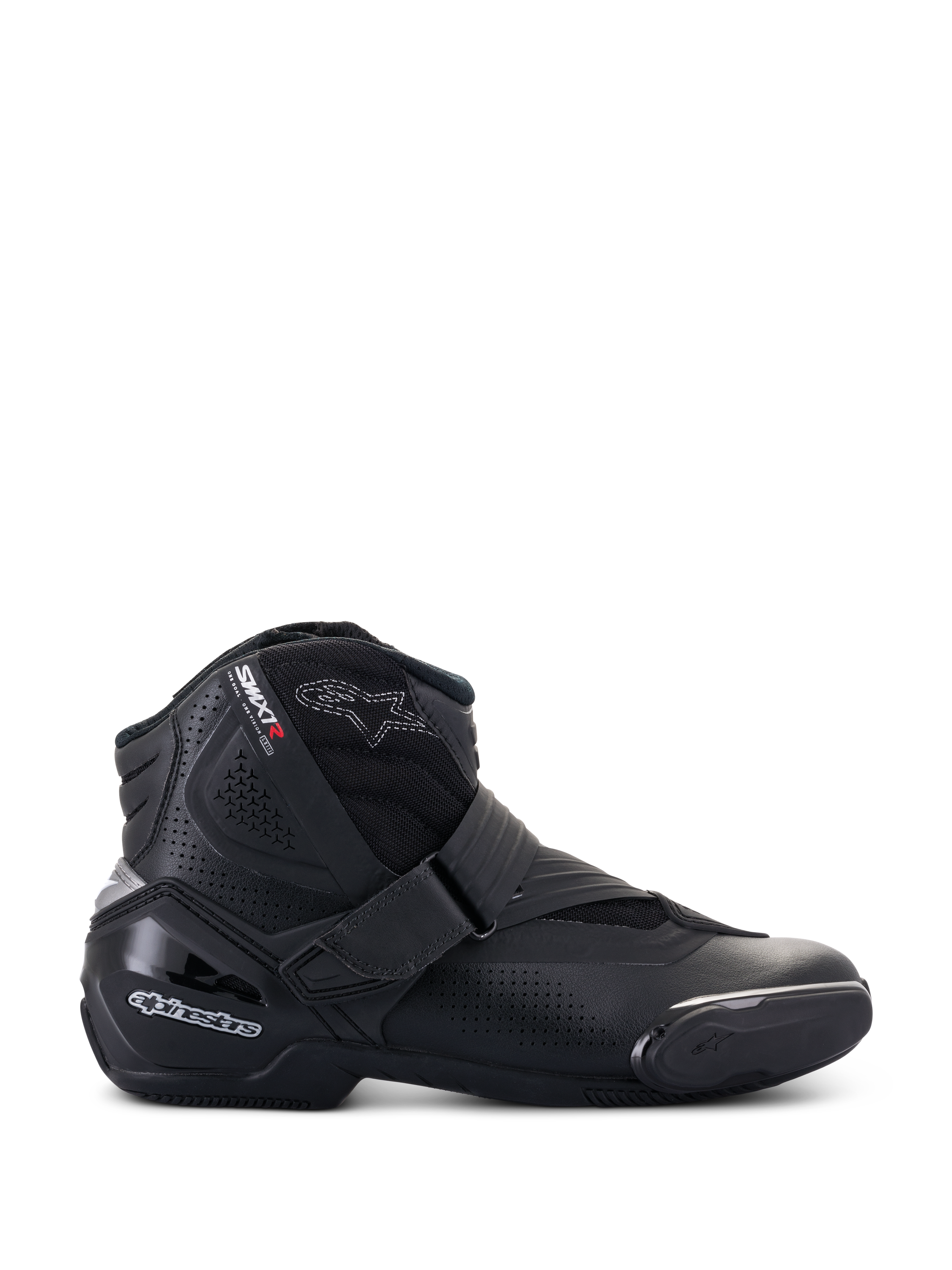 Alpinestars SMX-1 R V2 Vented Stiefel, niedrig geschnittene schwarze Motorradschuhe, Seitenprofil mit perforierten Mikrofaser-Einsätzen, TPU-Fersenschutz und Zehenschleifer, Klettverschluss, Sport-Straßenmotorradschuhe