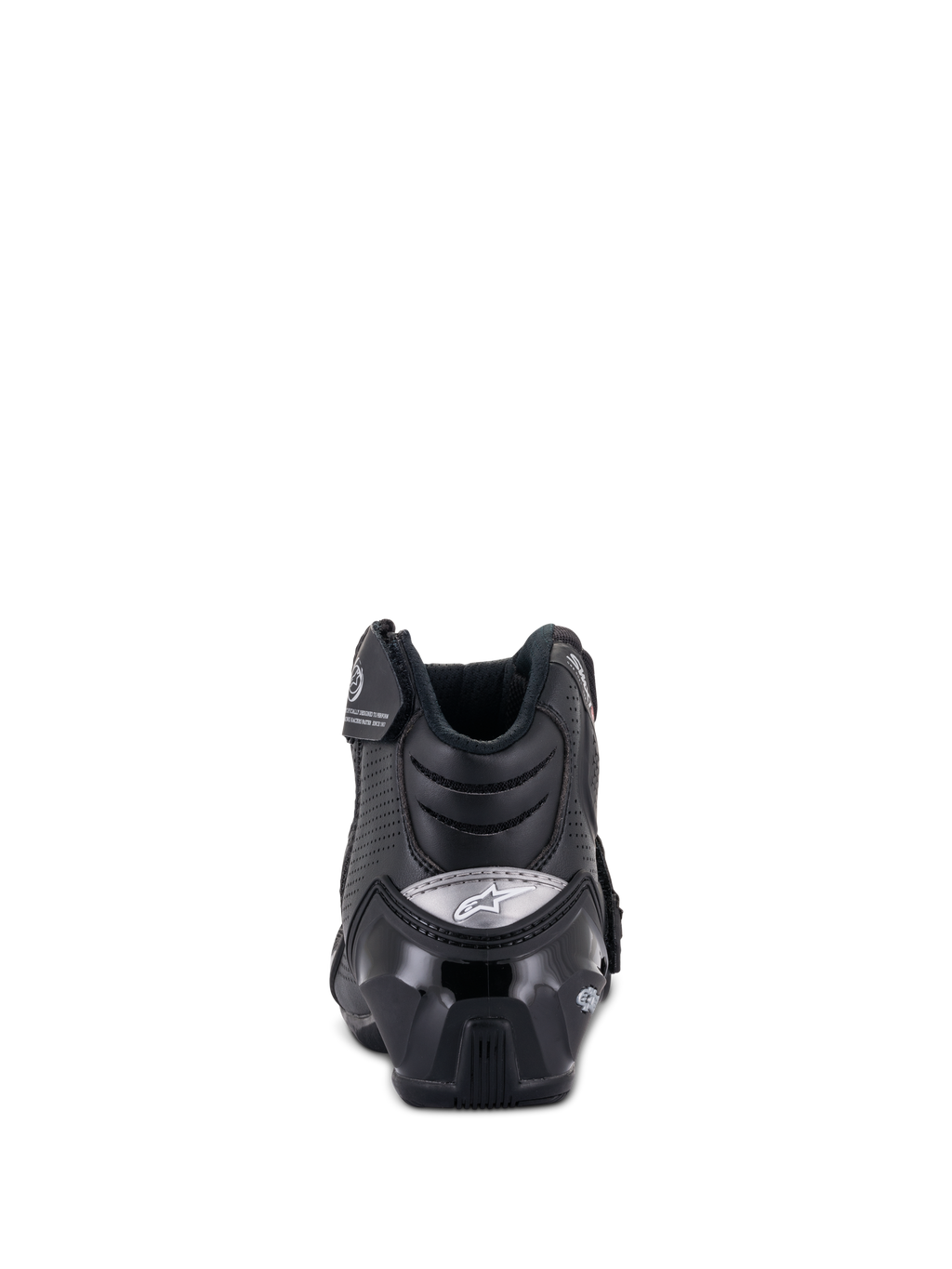 Alpinestars SMX-1 R V2 Belüftete Stiefel, niedrig geschnittener Motorradschuh, Schwarz, Rückansicht mit glänzendem TPU-Fersenschutz und silbernem Logo, perforierter Mikrofaser zur Belüftung und ergonomischem Design für sportliches Fahren