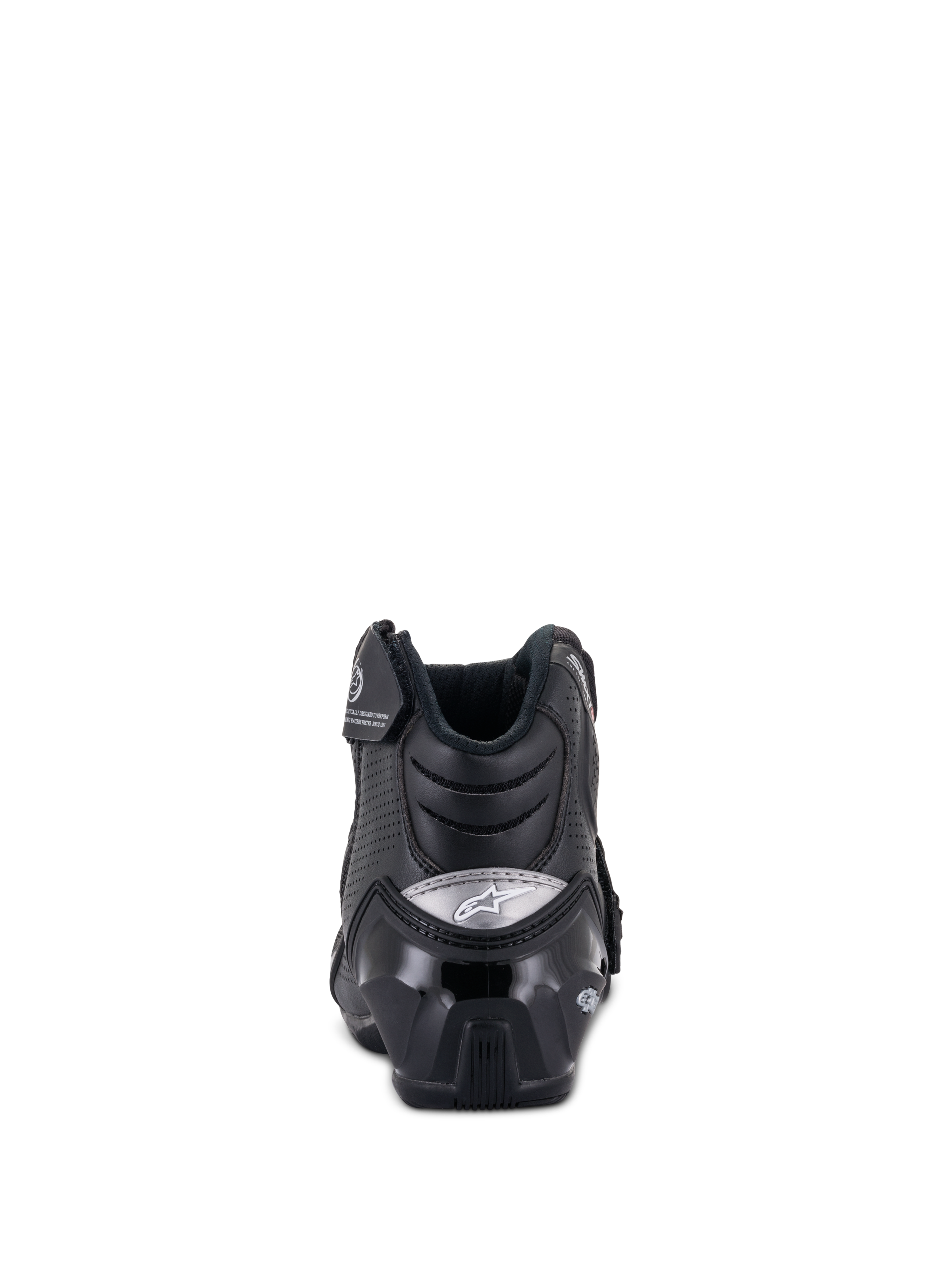 Alpinestars SMX-1 R V2 Belüftete Stiefel, niedrig geschnittener Motorradschuh, Schwarz, Rückansicht mit glänzendem TPU-Fersenschutz und silbernem Logo, perforierter Mikrofaser zur Belüftung und ergonomischem Design für sportliches Fahren