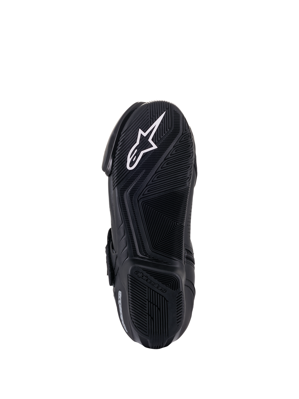 Alpinestars SMX-1 R V2 Vented Stiefel, Unteransicht der Sohle, Schwarz, weißes Alpinestars Stern-Logo auf strukturierter Gummimischungssohle mit fortschrittlichem Griffmuster