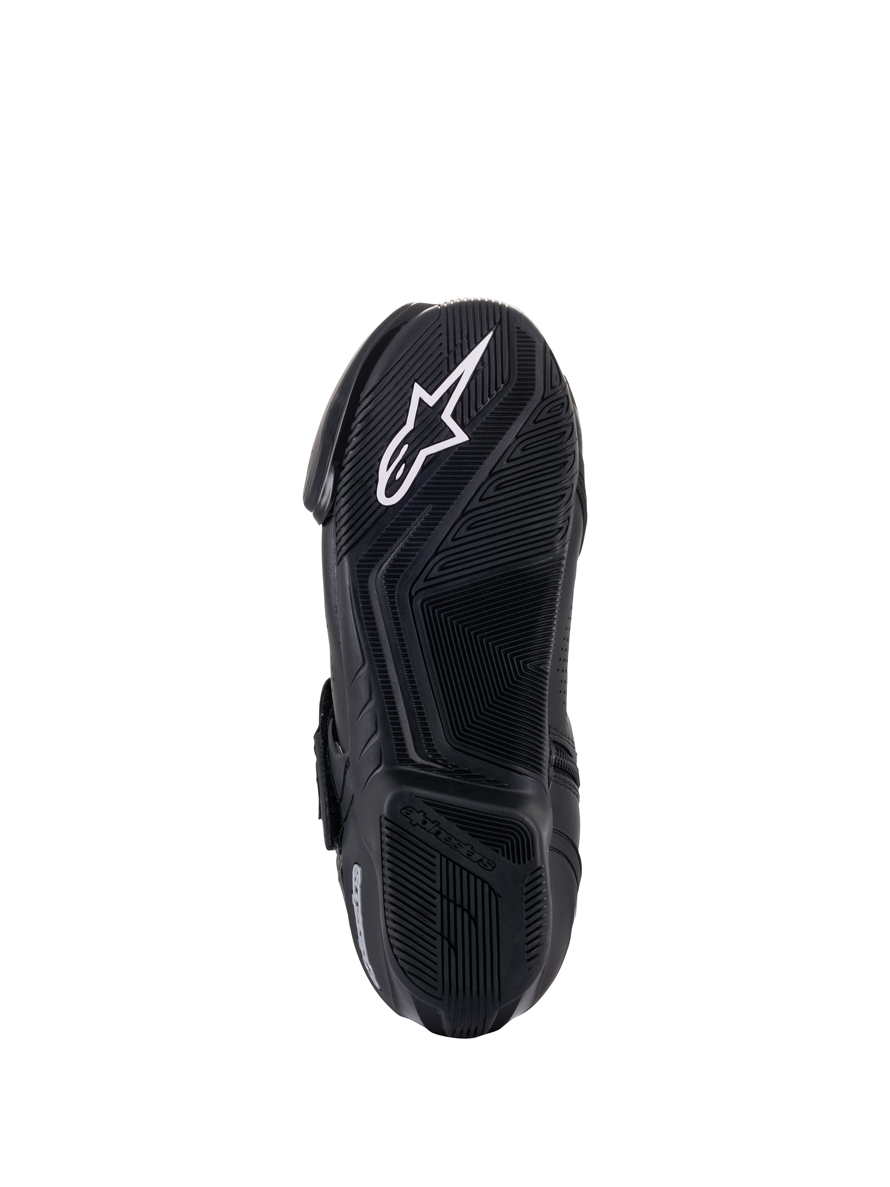 Alpinestars SMX-1 R V2 Vented Stiefel, Unteransicht der Sohle, Schwarz, weißes Alpinestars Stern-Logo auf strukturierter Gummimischungssohle mit fortschrittlichem Griffmuster