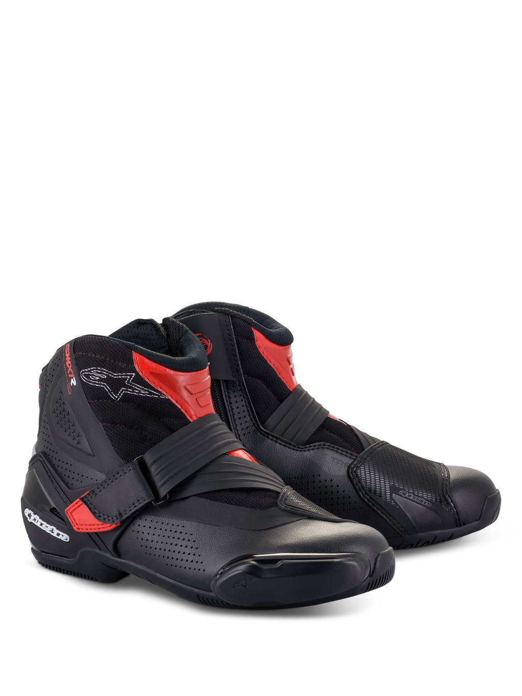Alpinestars SMX-1 R V2 Vented Stiefel, niedrig geschnittene Motorrad-Fahrschuhe, Schwarz und Rot, mit perforierter Mikrofaser für Luftzirkulation, TPU-Schutz und Riemenverschluss für sportliches Straßenfahren.