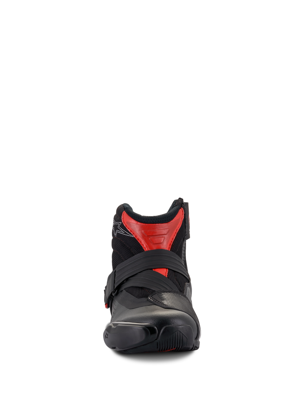 Alpinestars SMX-1 R V2 Belüftete Stiefel, niedrig geschnittene Motorradstiefel, Schwarz und Rot, Vorderansicht mit sicherem Riemenverschluss und belüftetem Mikrofaser-Obermaterial, Performance-Straßenausrüstung