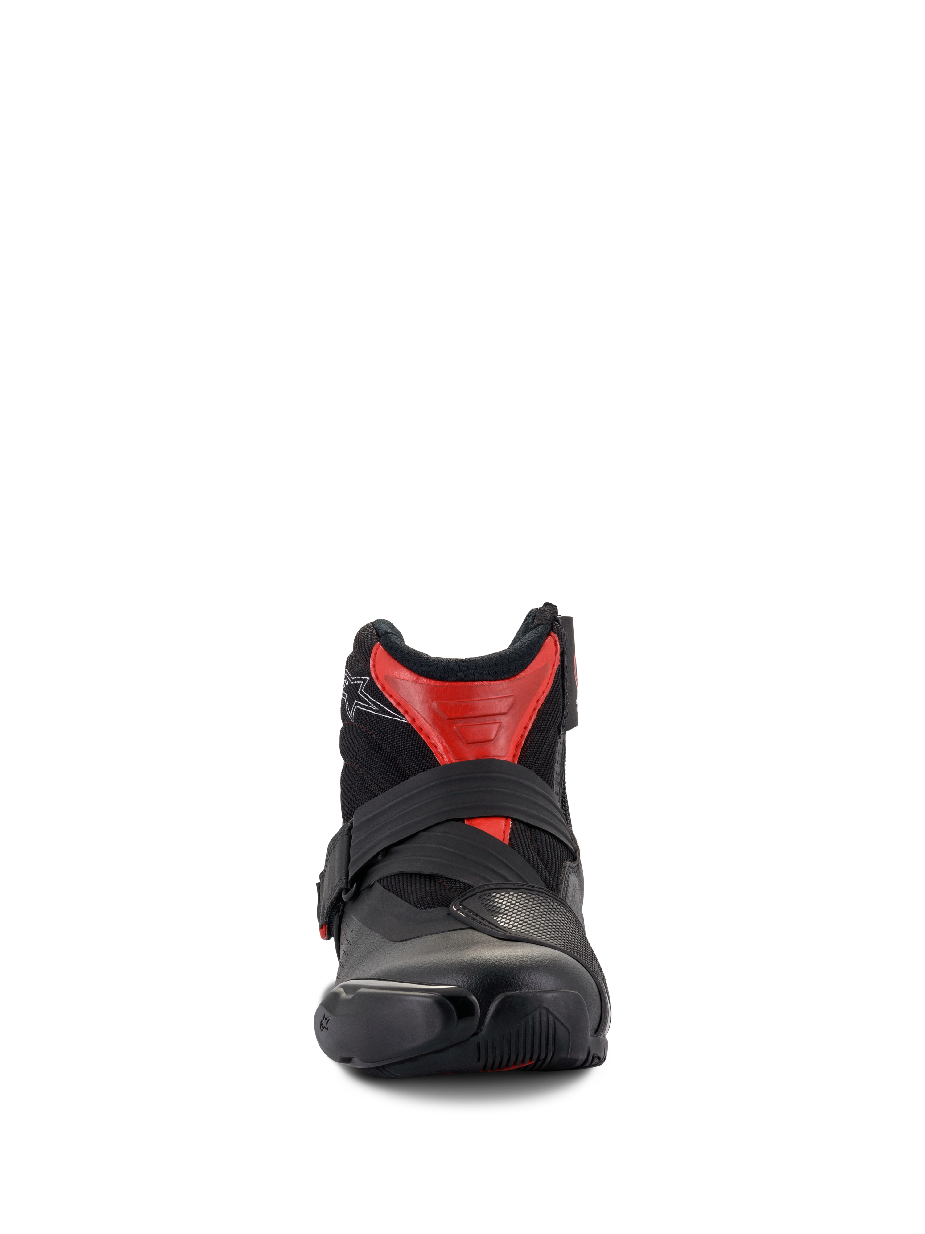Alpinestars SMX-1 R V2 Belüftete Stiefel, niedrig geschnittene Motorradstiefel, Schwarz und Rot, Vorderansicht mit sicherem Riemenverschluss und belüftetem Mikrofaser-Obermaterial, Performance-Straßenausrüstung